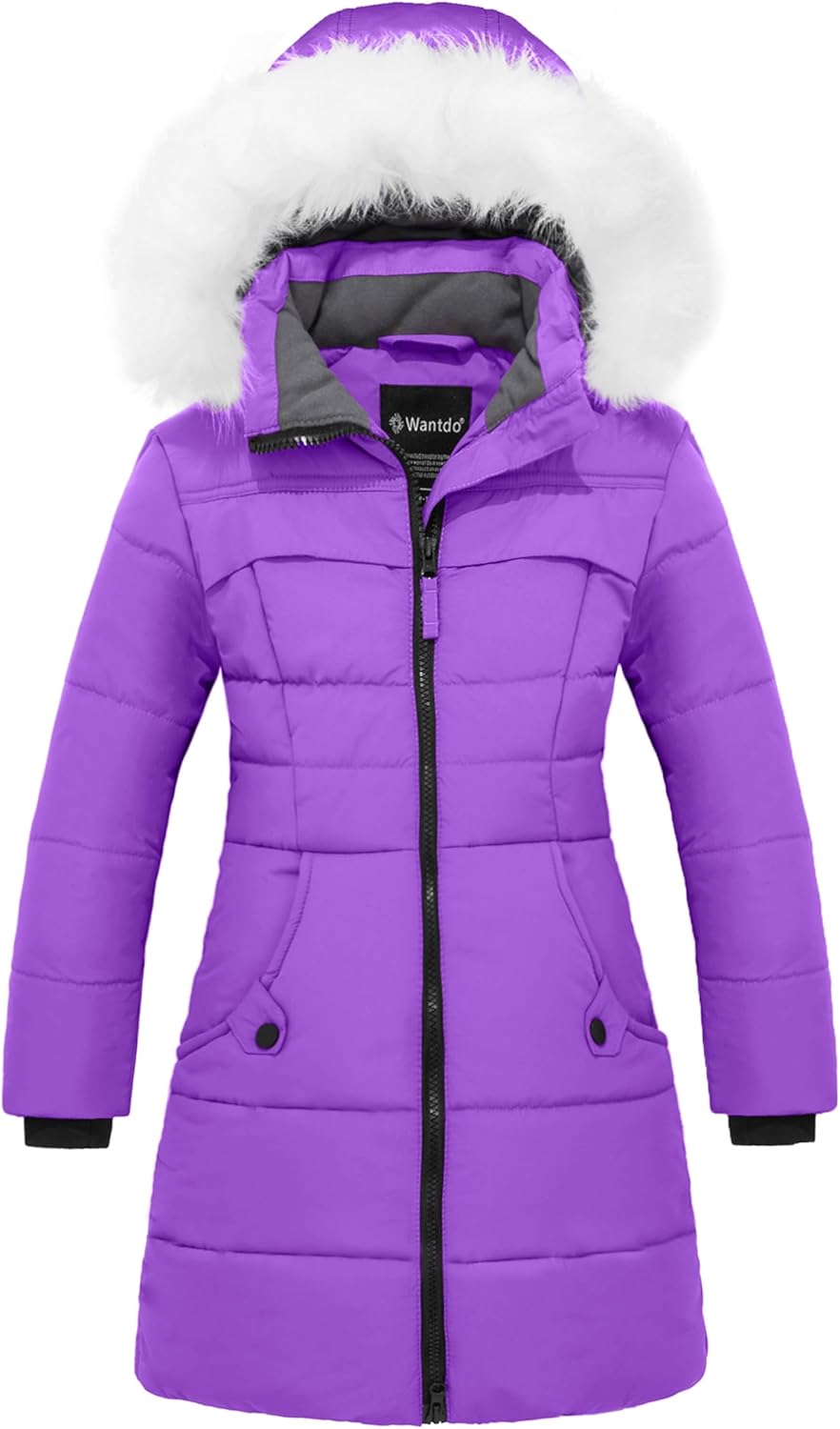 wantdo Girls Winter Coat Waterproof Long Puffer Jacket Warm Parka with Faux Fur Hood