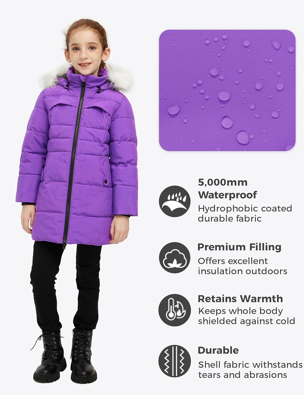 wantdo Girls Winter Coat Waterproof Long Puffer Jacket Warm Parka with Faux Fur Hood