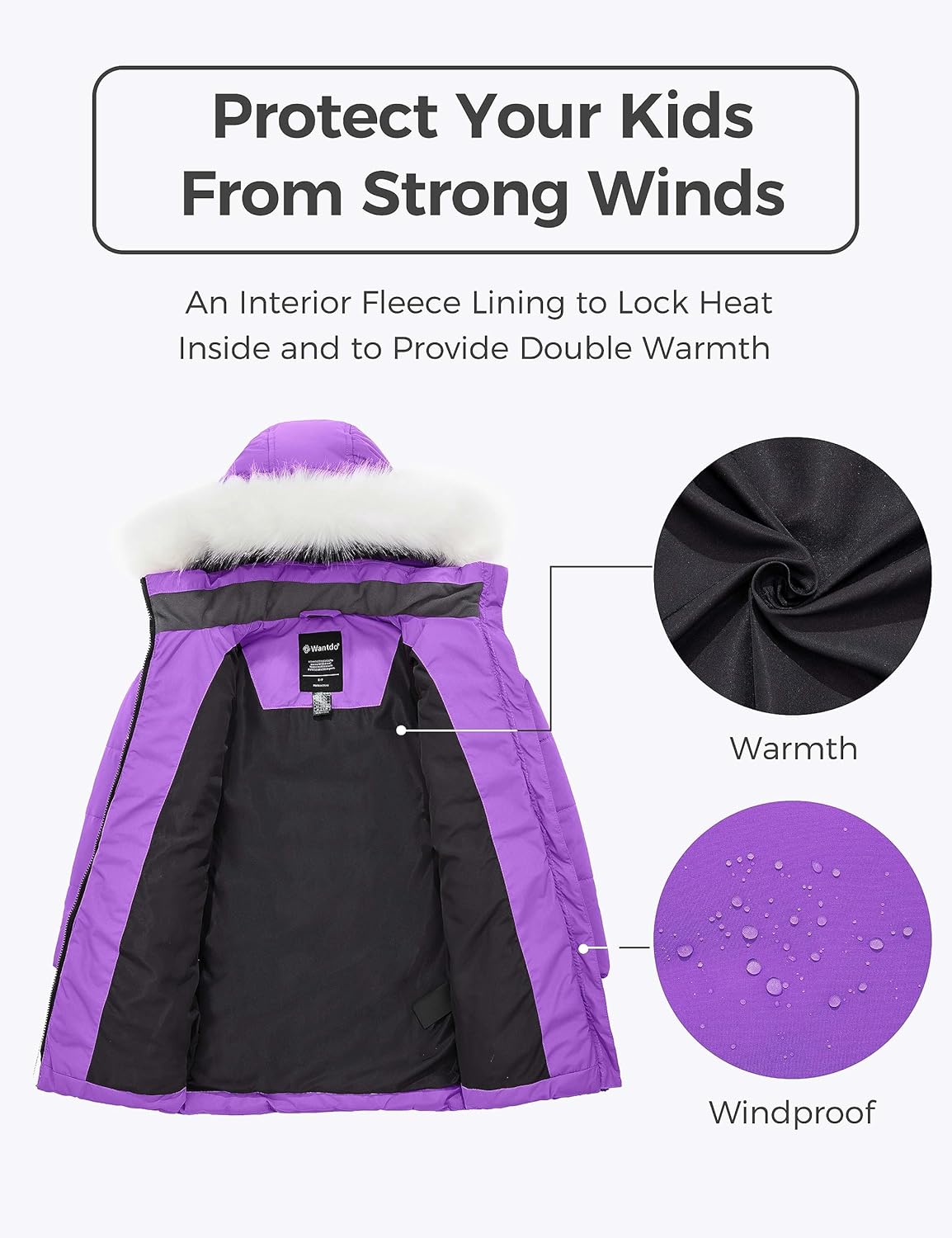 wantdo Girls Winter Coat Waterproof Long Puffer Jacket Warm Parka with Faux Fur Hood