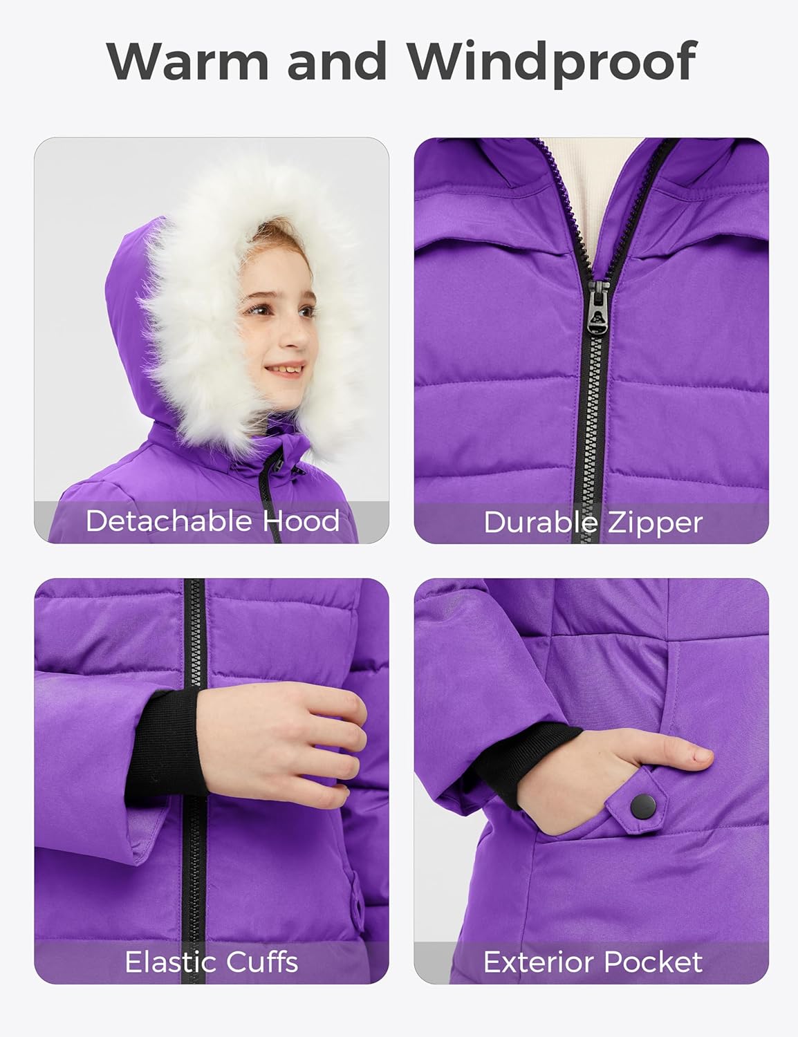 wantdo Girls Winter Coat Waterproof Long Puffer Jacket Warm Parka with Faux Fur Hood