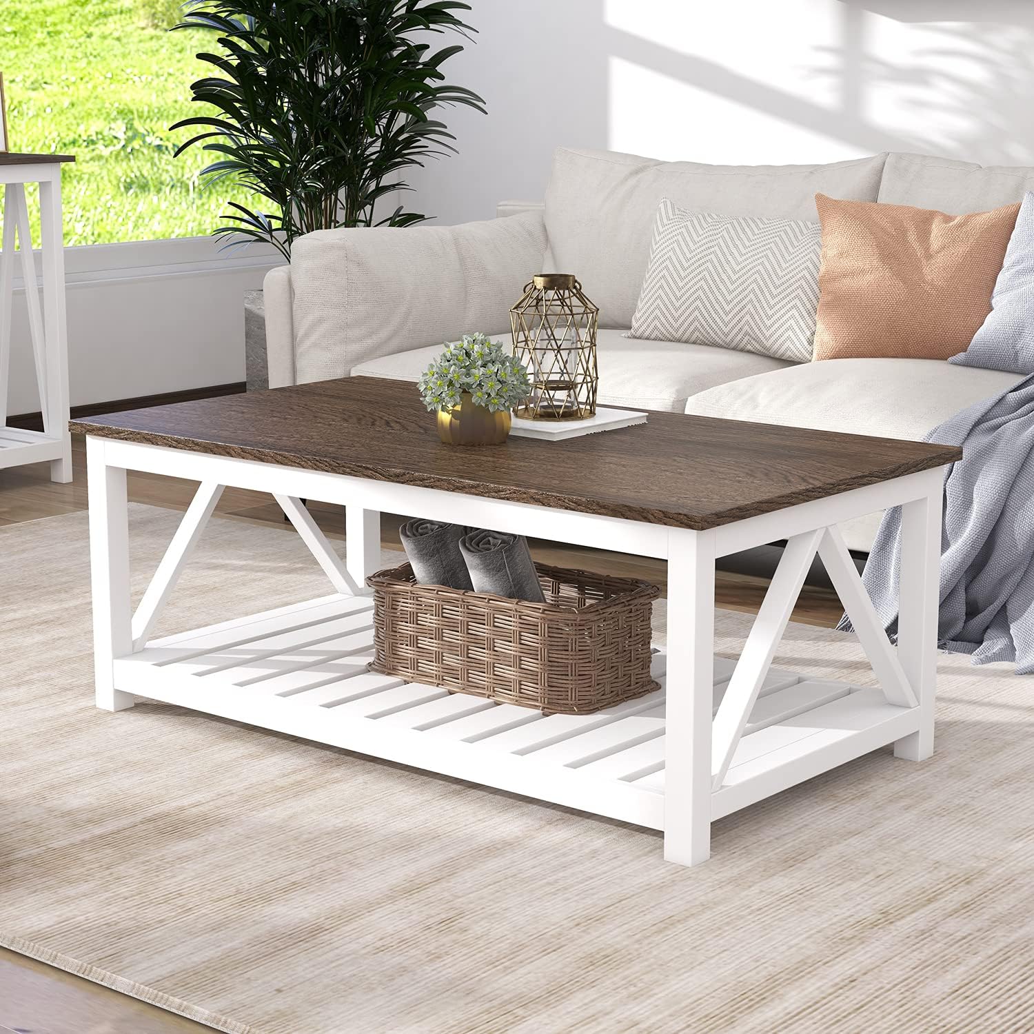 ChooChoo Farmhouse Coffee Table, Rustic Vintage Living Room Table with Shelf, 40 White · v2