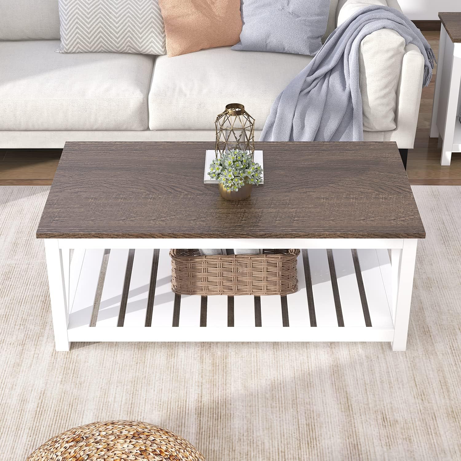ChooChoo Farmhouse Coffee Table, Rustic Vintage Living Room Table with Shelf, 40 White · v2