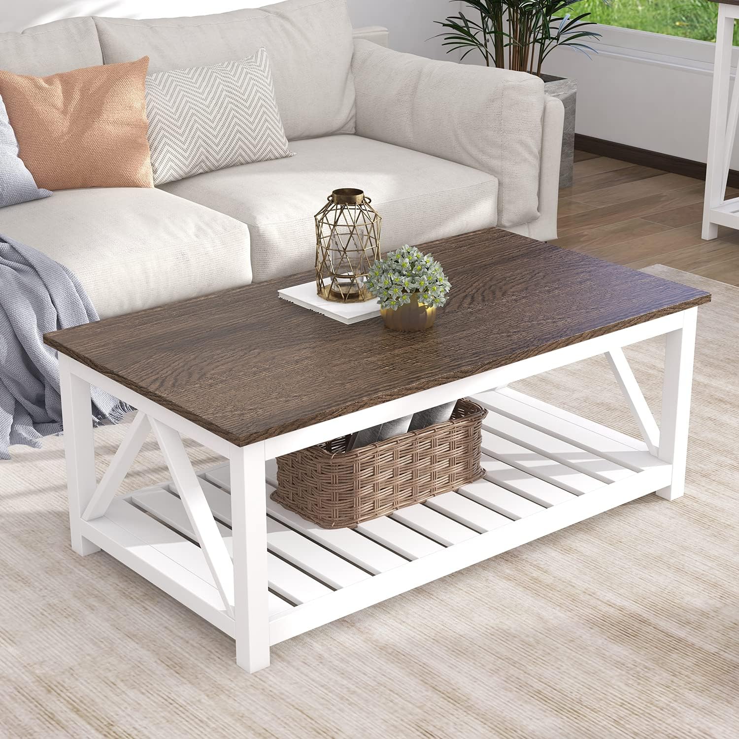 ChooChoo Farmhouse Coffee Table, Rustic Vintage Living Room Table with Shelf, 40 White · v2
