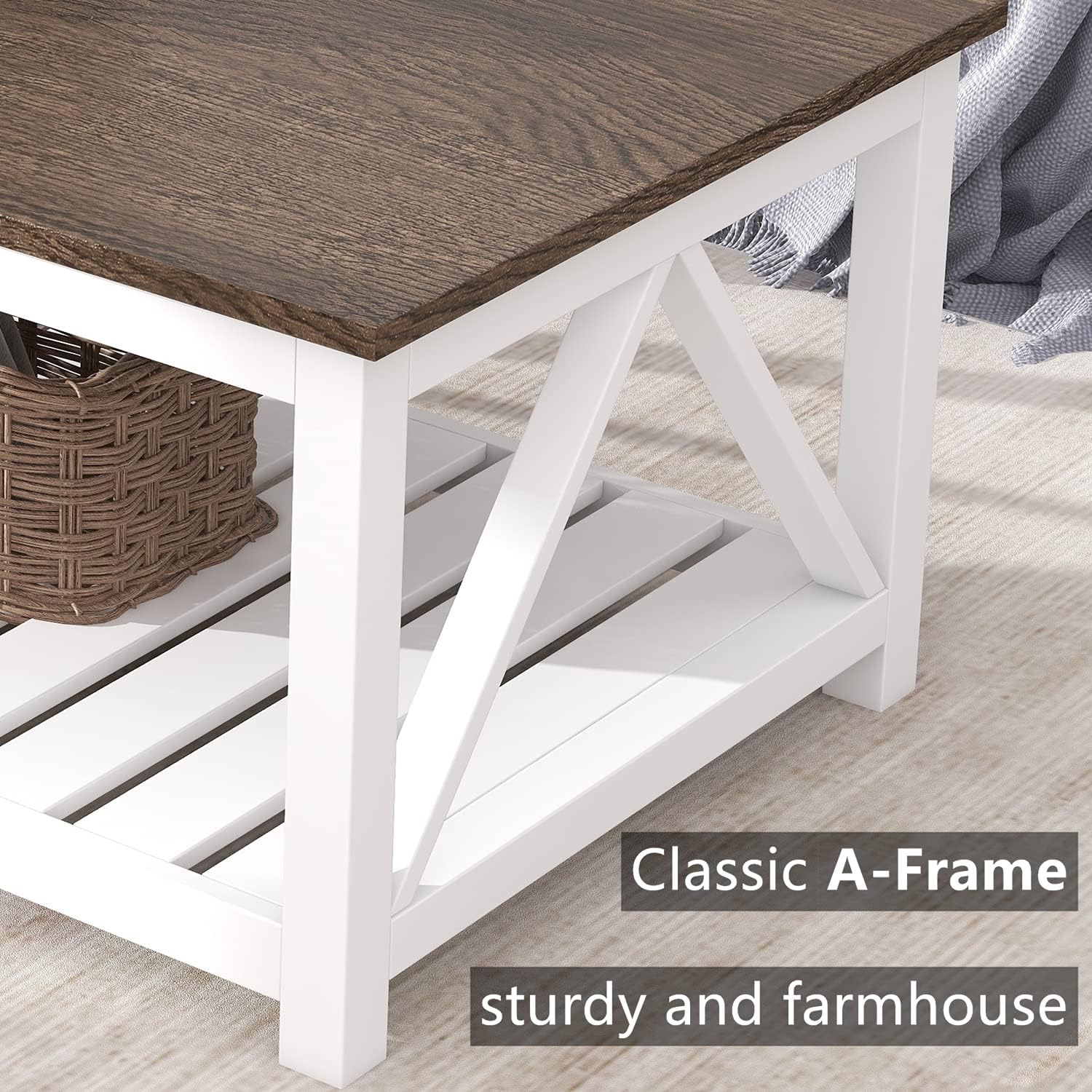 ChooChoo Farmhouse Coffee Table, Rustic Vintage Living Room Table with Shelf, 40 White · v2