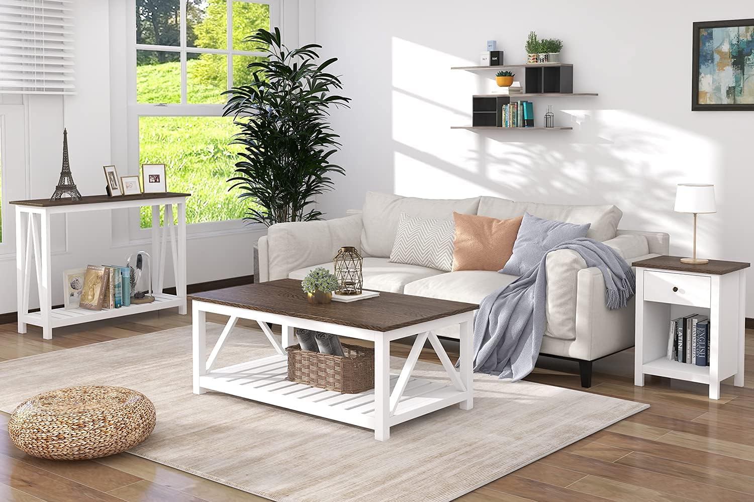 ChooChoo Farmhouse Coffee Table, Rustic Vintage Living Room Table with Shelf, 40 White · v2