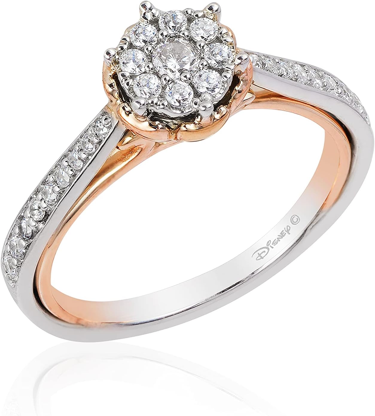 Jewelili Enchanted Disney Fine Jewelry แหวนแต่งงานทองคำขาว 14K และทองคำชมพู 1/3 กะรัต เพชรเบลลาโรสคอมโพสิต