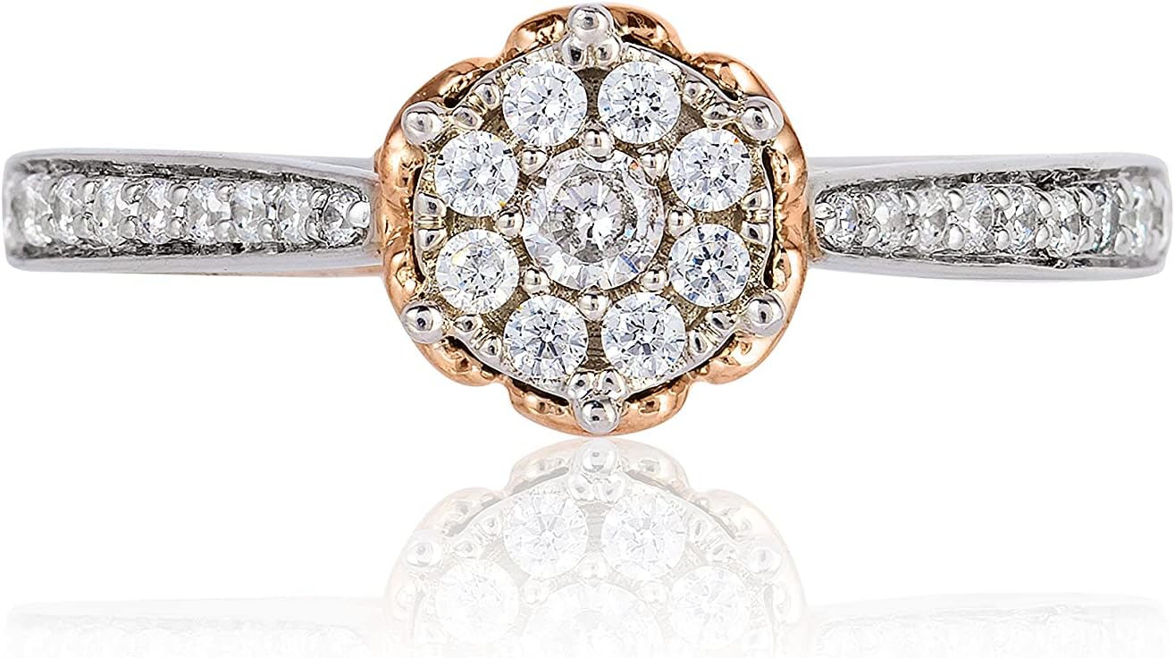 Jewelili Enchanted Disney Fine Jewelry แหวนแต่งงานทองคำขาว 14K และทองคำชมพู 1/3 กะรัต เพชรเบลลาโรสคอมโพสิต