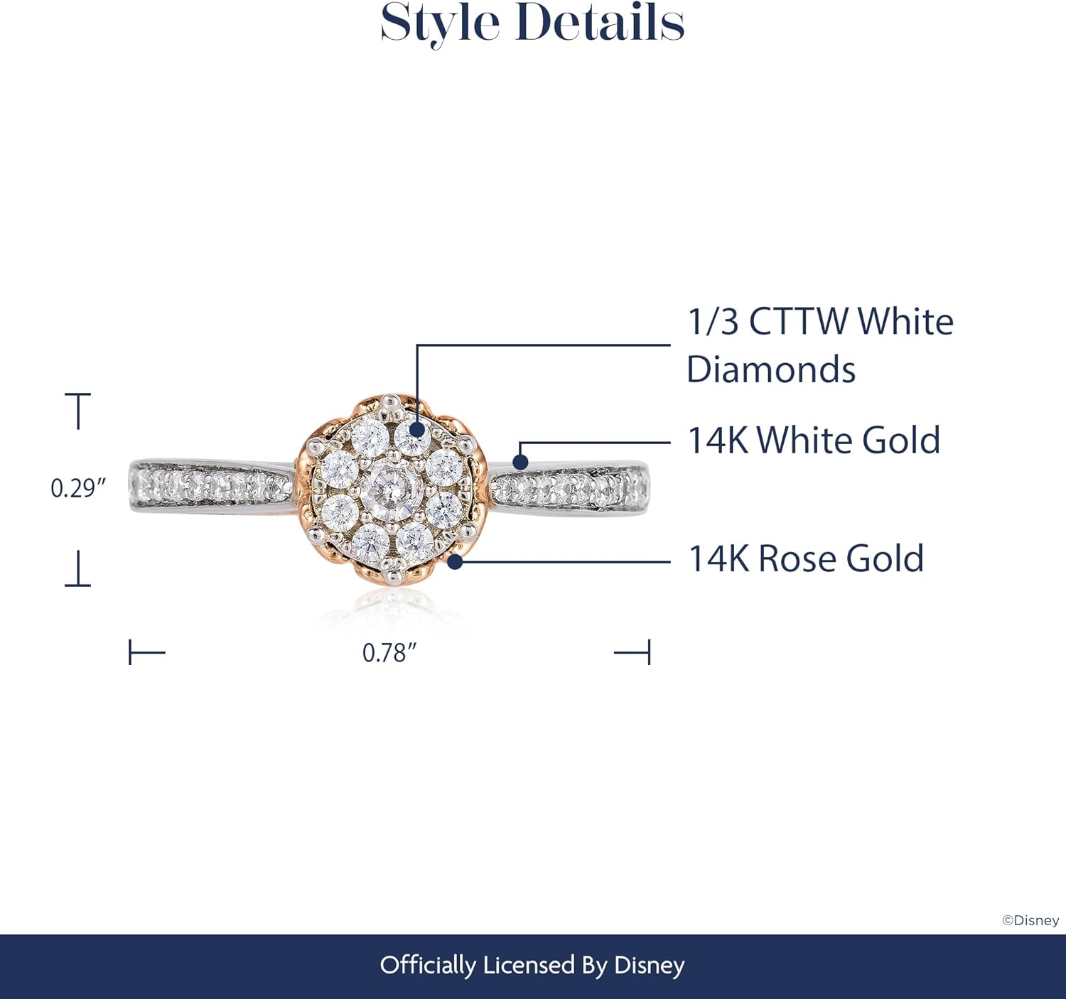 Jewelili Enchanted Disney Fine Jewelry แหวนแต่งงานทองคำขาว 14K และทองคำชมพู 1/3 กะรัต เพชรเบลลาโรสคอมโพสิต