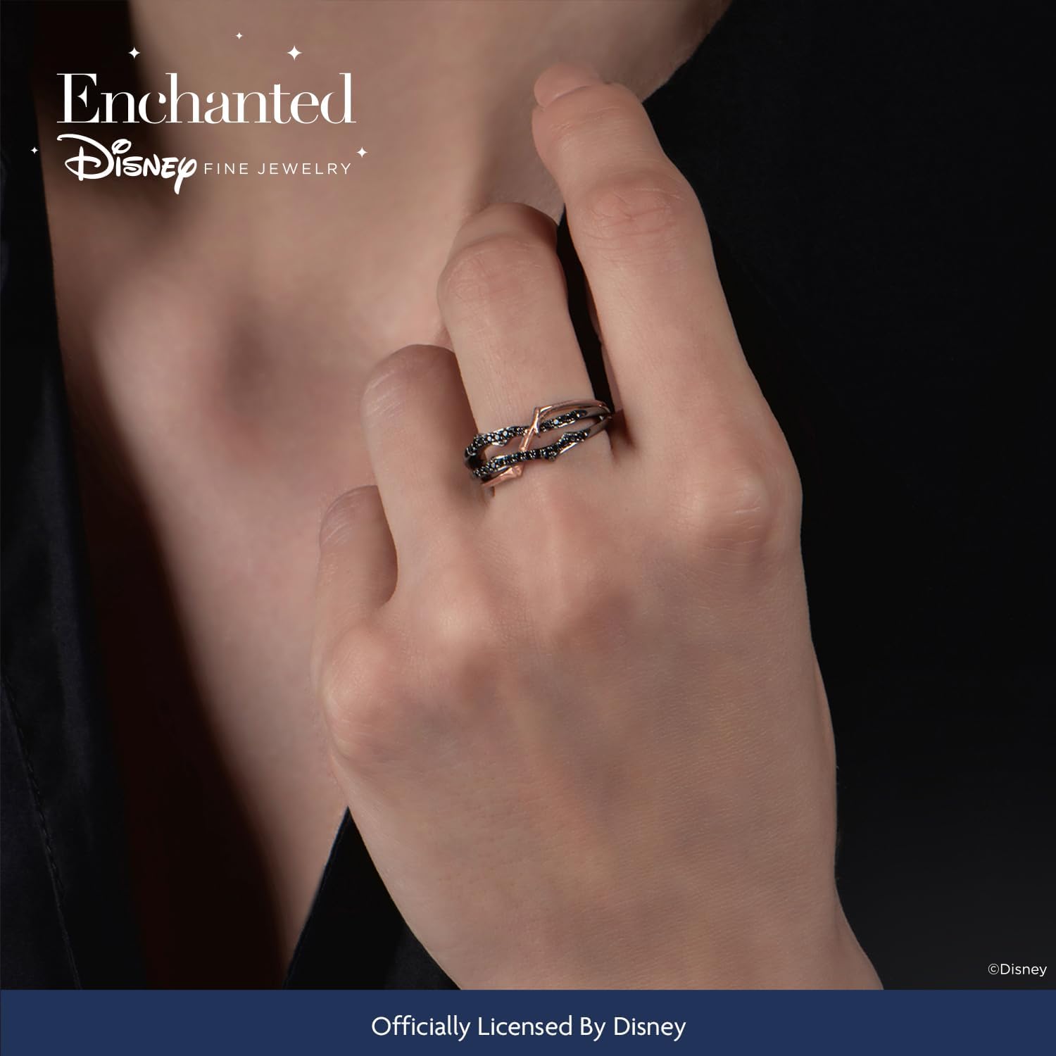 Jewelili Enchanted Disney Fine Jewelry แหวนทองคำชมพู 10K และโรเดียมสีดำบนเงินสเตอร์ลิง ประดับเพชรสีดำ 1/5 กะรัต ทรง MaleficentThorn