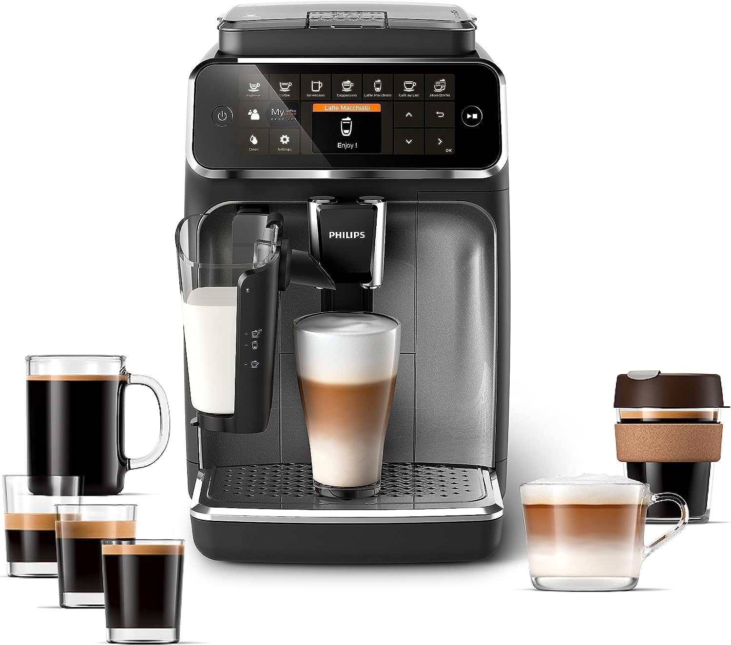 PHILIPS 4300 Series Fully Automatic Espresso Machine - LatteGo Milk Frother, 8 Coffee Varieties, Intuitive Touch Display, Black, (EP4347/94) · v2