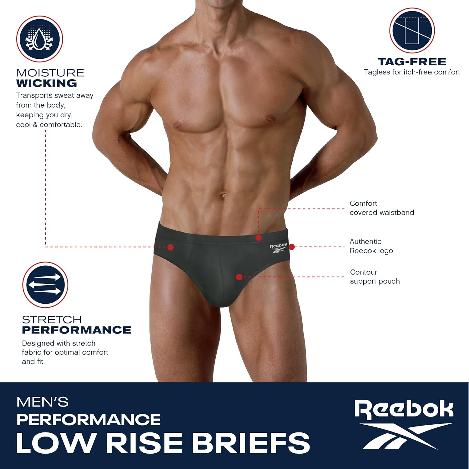 Reebok Mens Briefs - 5 Pack Quick Dry Low Rise Performance Underwear Briefs - Soft Stretch Athletic Men's Bikini Briefs S-XL