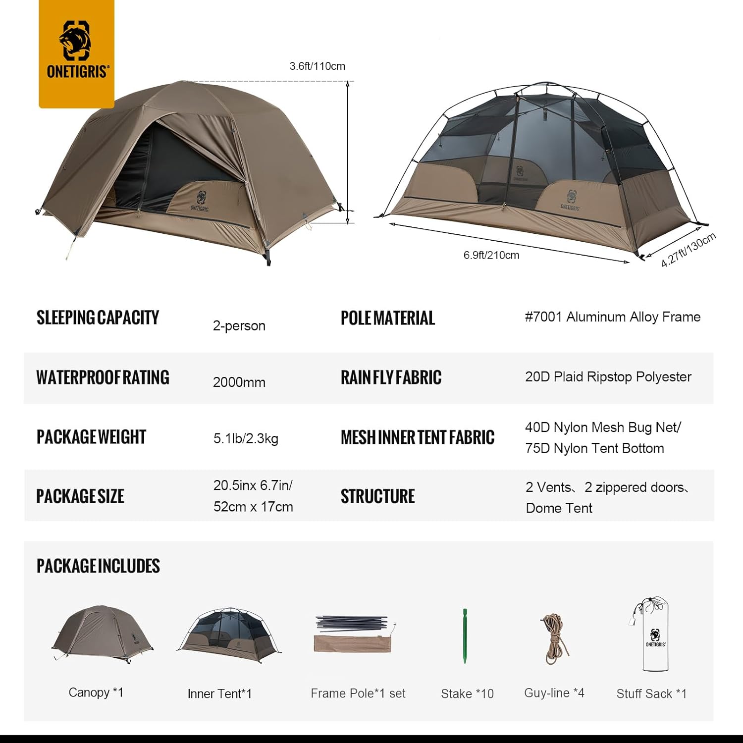 OneTigris COSMITTO 2 Person Backpacking Tent Shelter- Free Standing Lightweight Waterproof 3 Season Camping Tent for Outdoor Hiking Mountaineering · v5