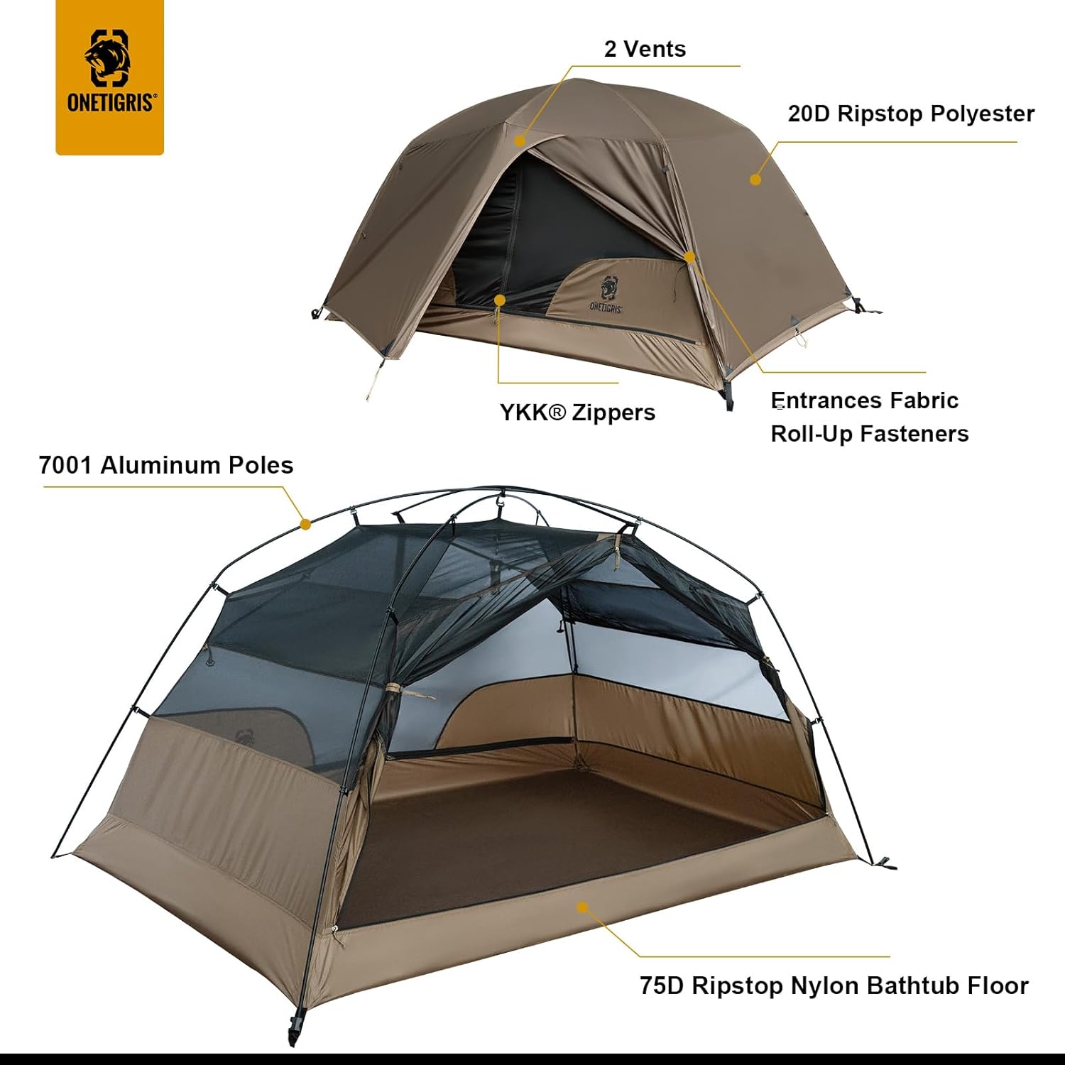 OneTigris COSMITTO 2 Person Backpacking Tent Shelter- Free Standing Lightweight Waterproof 3 Season Camping Tent for Outdoor Hiking Mountaineering · v5