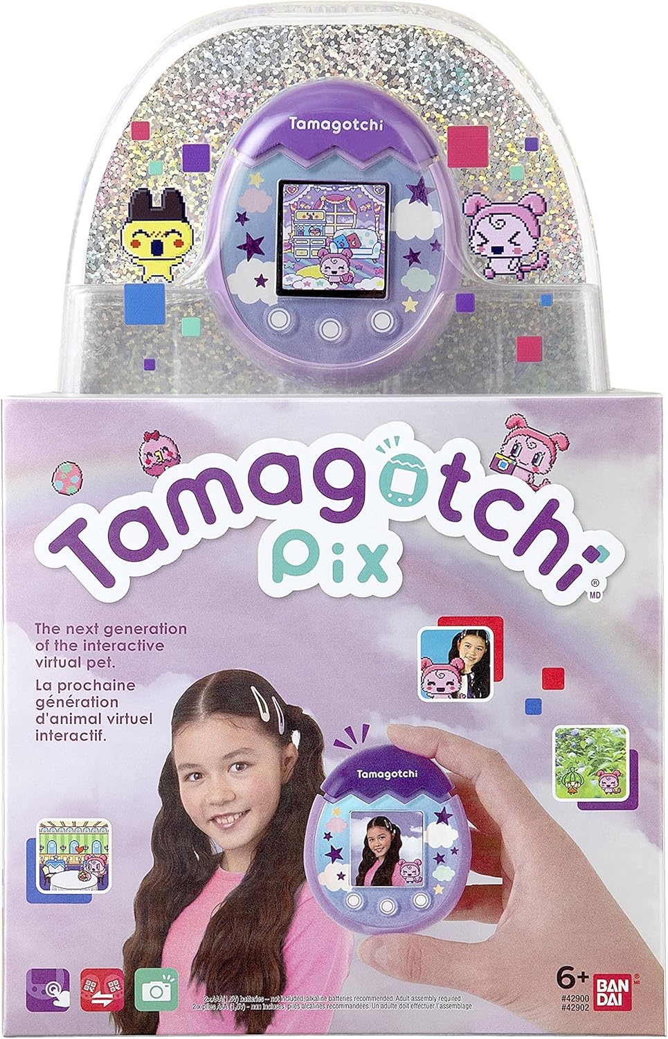 TAMAGOTCHI 42902 Bandai Pix La nuova generazione di animali domestici in realtà virtuale con fotocamera, giochi e personaggi da collezione: Sky, Purple, Single