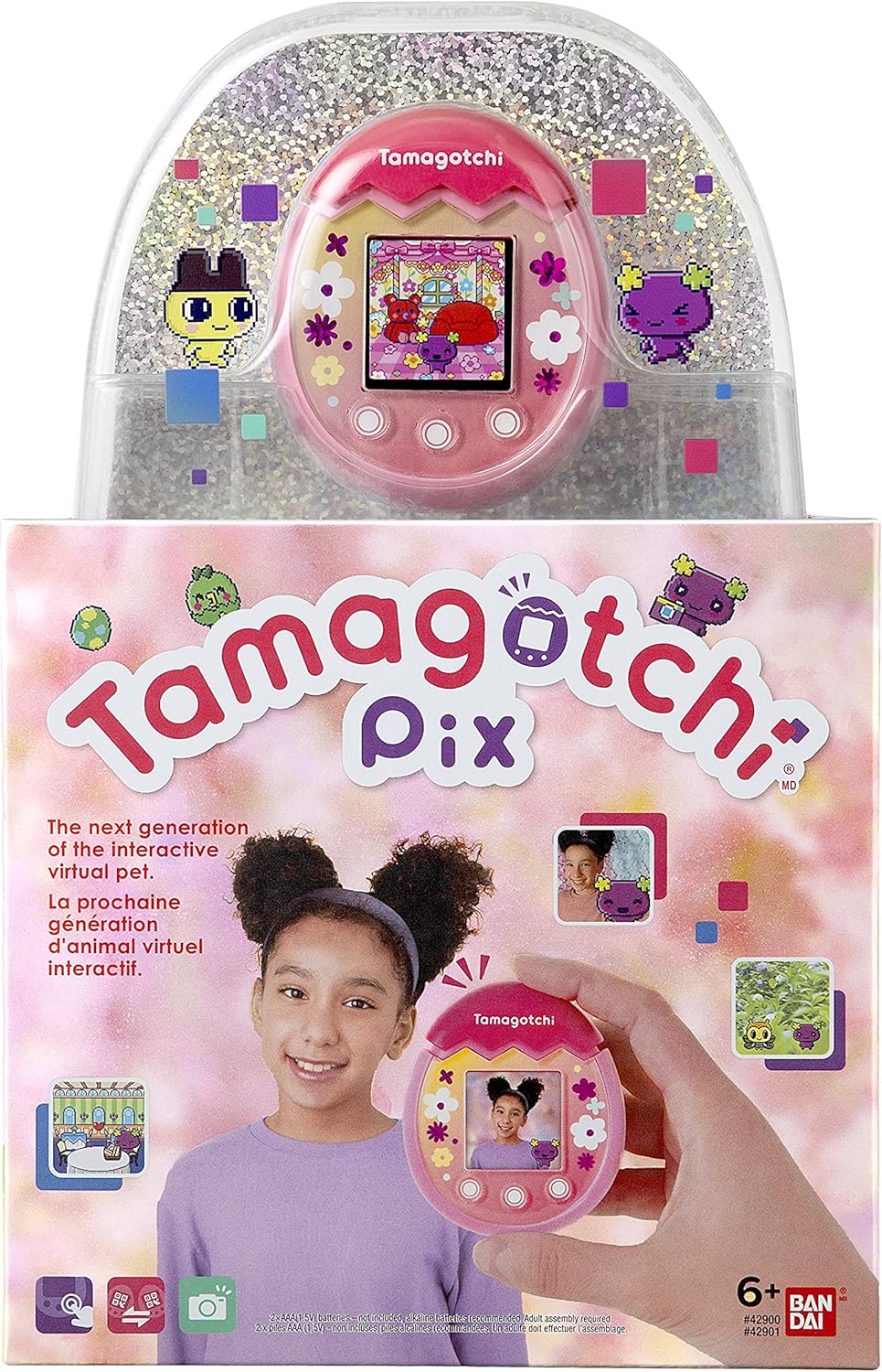 Tamagotchi 42901 Bandai Pix The Next Generation of Virtual Reality Pet with Camera, Games and Collectable Characters-Floral, Pink · v2