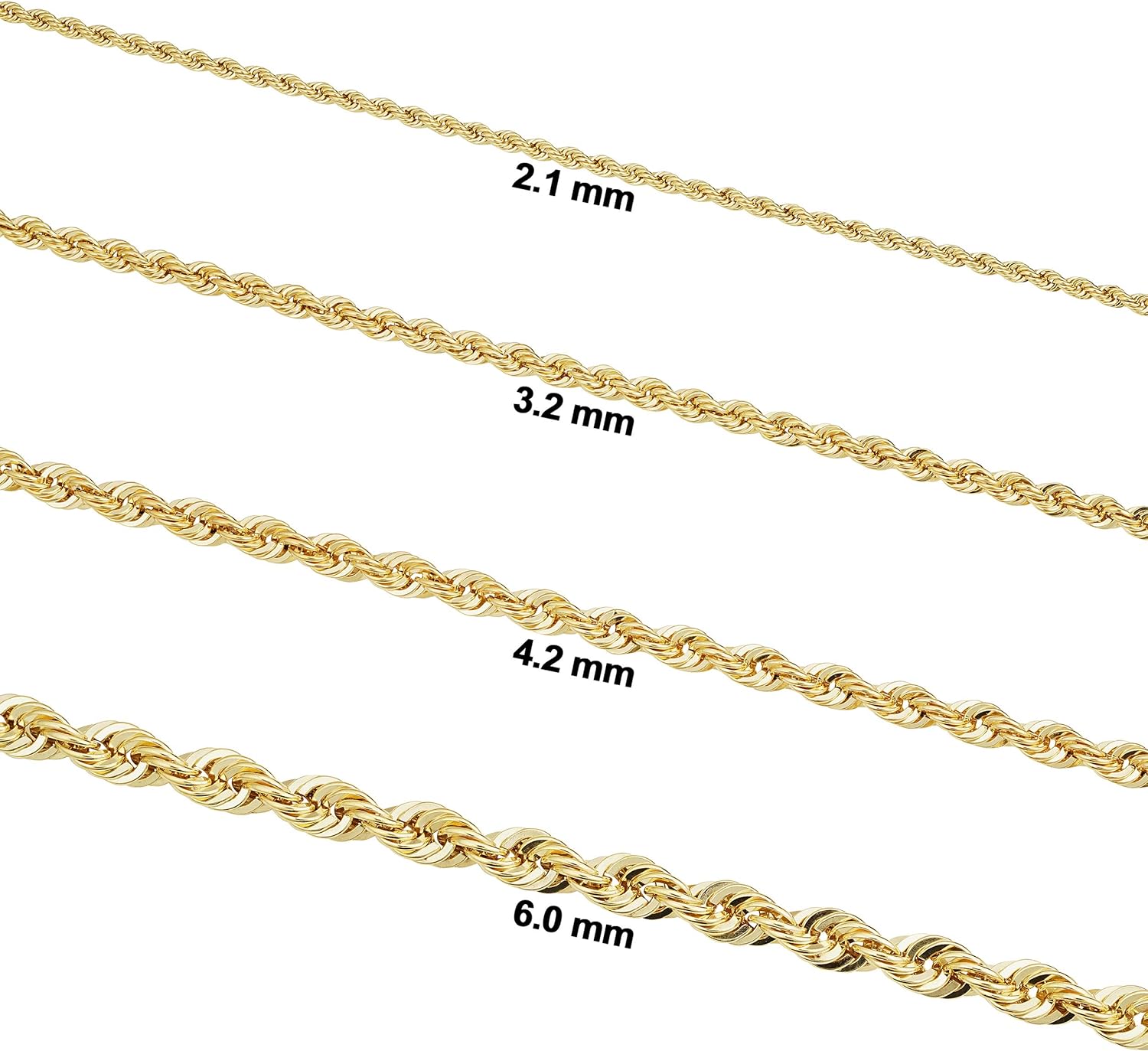 สร้อยคอโซ่เชือกทองคำแท้ 14k สีเหลืองจาก Kooljewelry สำหรับผู้ชายและผู้หญิง (ขนาด 2.1 มม., 3.2 มม., 4.2 มม. หรือ 6 มม.)