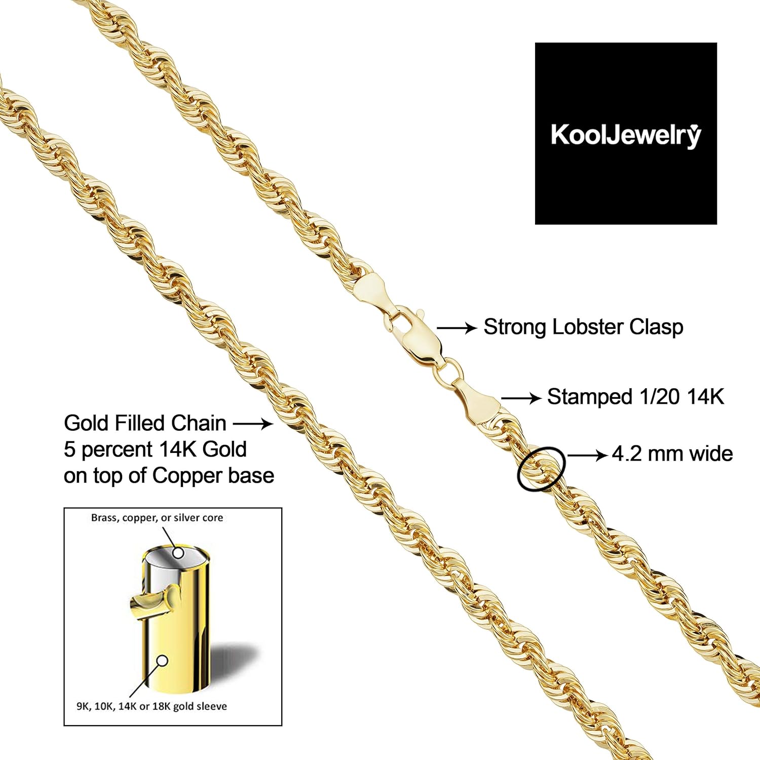สร้อยคอโซ่เชือกทองคำแท้ 14k สีเหลืองจาก Kooljewelry สำหรับผู้ชายและผู้หญิง (ขนาด 2.1 มม., 3.2 มม., 4.2 มม. หรือ 6 มม.)
