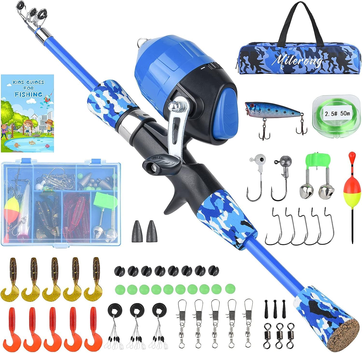 Milerong Kids Fishing Rod, Kids Fishing Pole Portable Telescopic Fishing Rod and Reel Combo Kit for Boys, Girls, Youth - with Spincast Fishing Reel, Fishing Tackles, Fishing Lures, Fishing Lines · v3