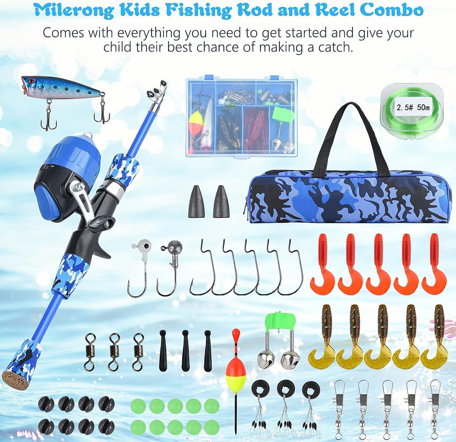 Milerong Kids Fishing Rod, Kids Fishing Pole Portable Telescopic Fishing Rod and Reel Combo Kit for Boys, Girls, Youth - with Spincast Fishing Reel, Fishing Tackles, Fishing Lures, Fishing Lines · v3