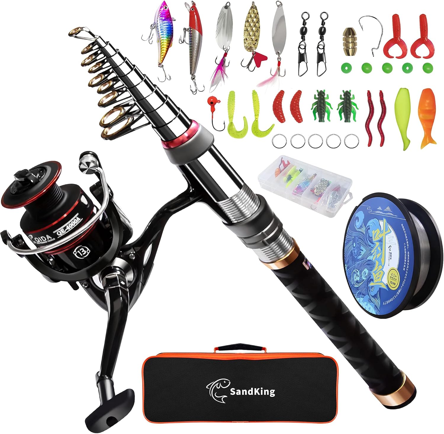 Fishing Pole Kit, Carbon Fiber Telescopic Fishing Rod and Reel Combo with Spinning Reel, Line, Bionic Bait, Hooks and Carrier Bag, Fishing Gear Set for Beginner Adults Saltwater Freshwater · v2