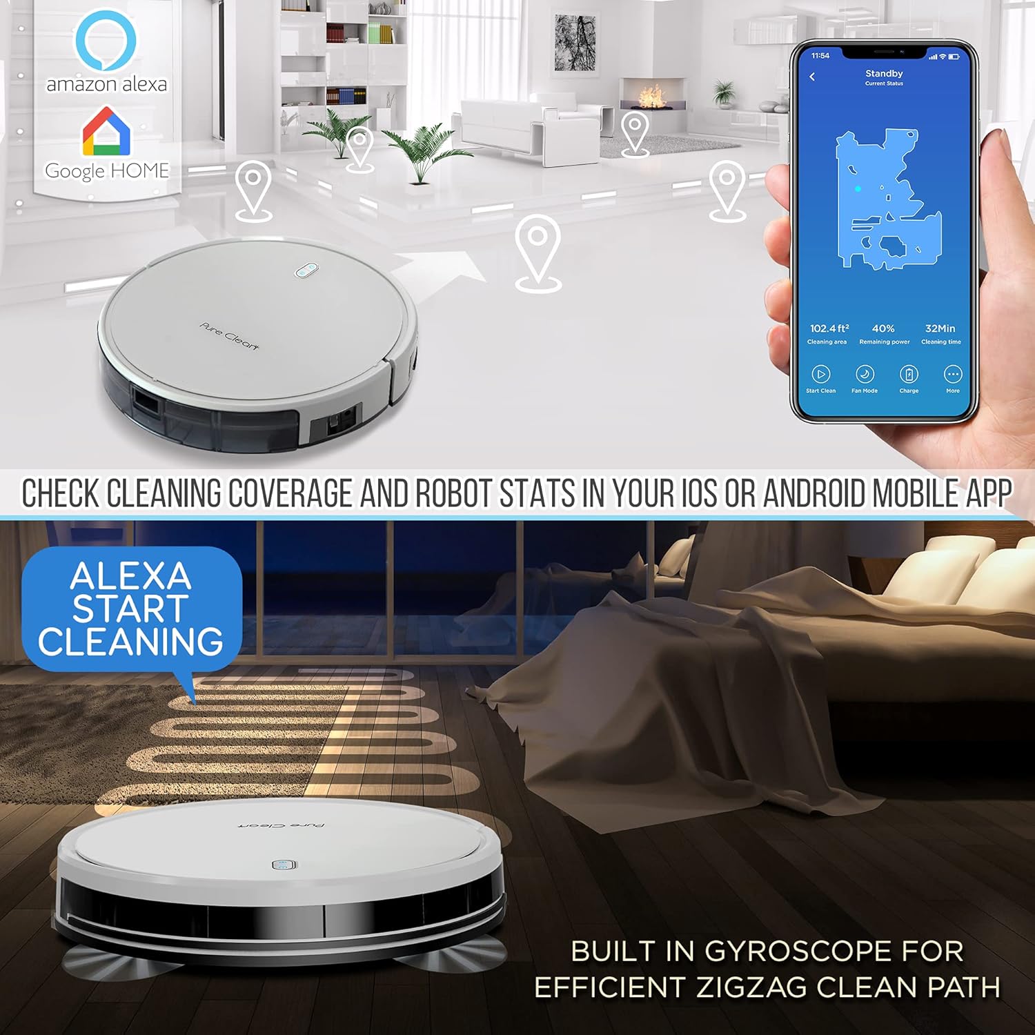 Robot Vacuummop SereneLife Combo Machine à nettoyer les sols robotisée à nettoyage automatique Robo Vac Mopping Aspiradora Smart App Alexa Gyroscope Technologie de navigation pour la maison, tapis, bois dur, carrelage, poils d'animaux
