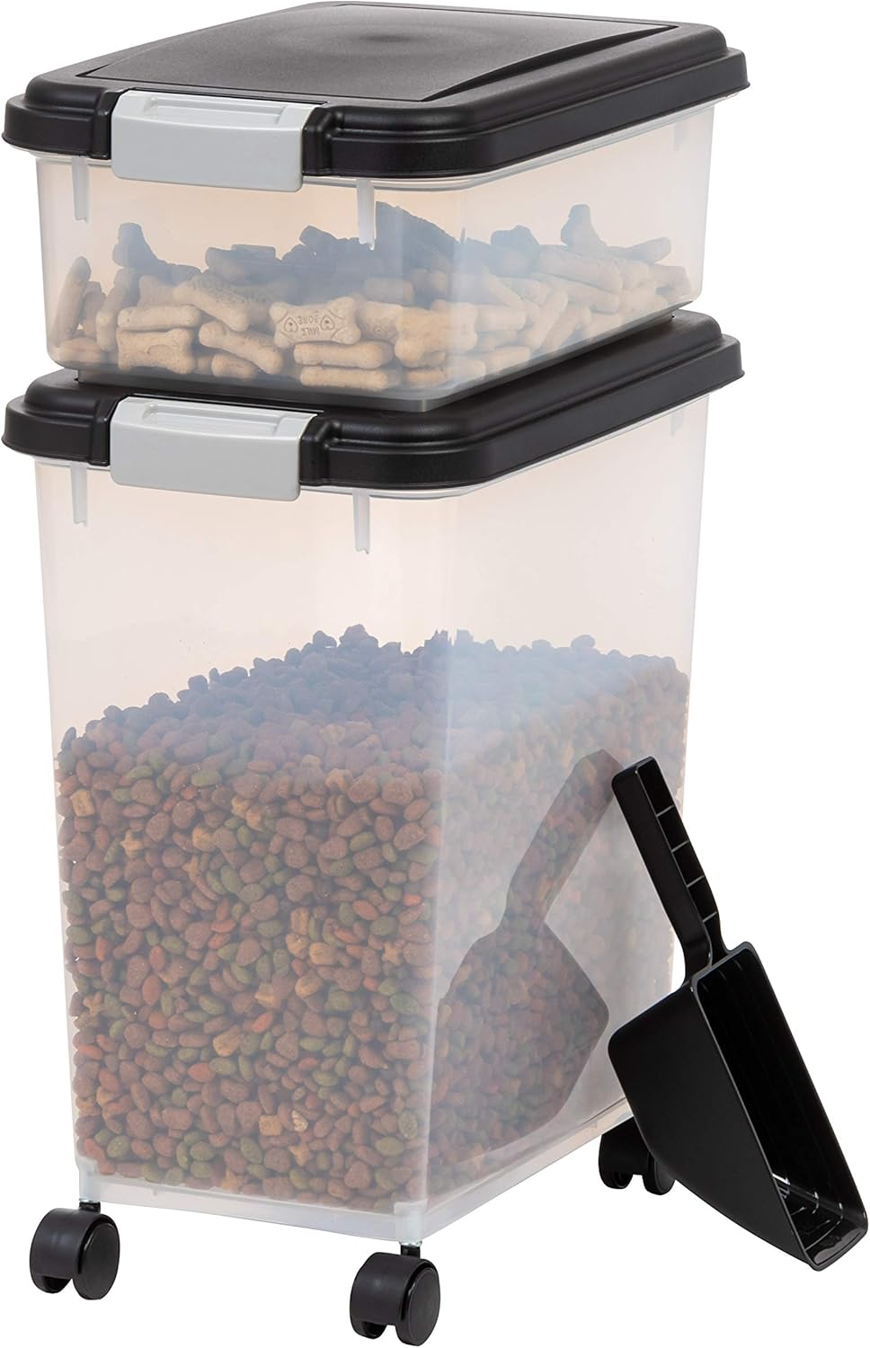 IRIS USA Dog Food Storage Container, 30 lbs  11 lbs Combo, Cat Food Storage Container, Dog Treat Container, Airtight, Stackable, 2-Cup Scoop, Wheels, Easy Mobility, Black · v2