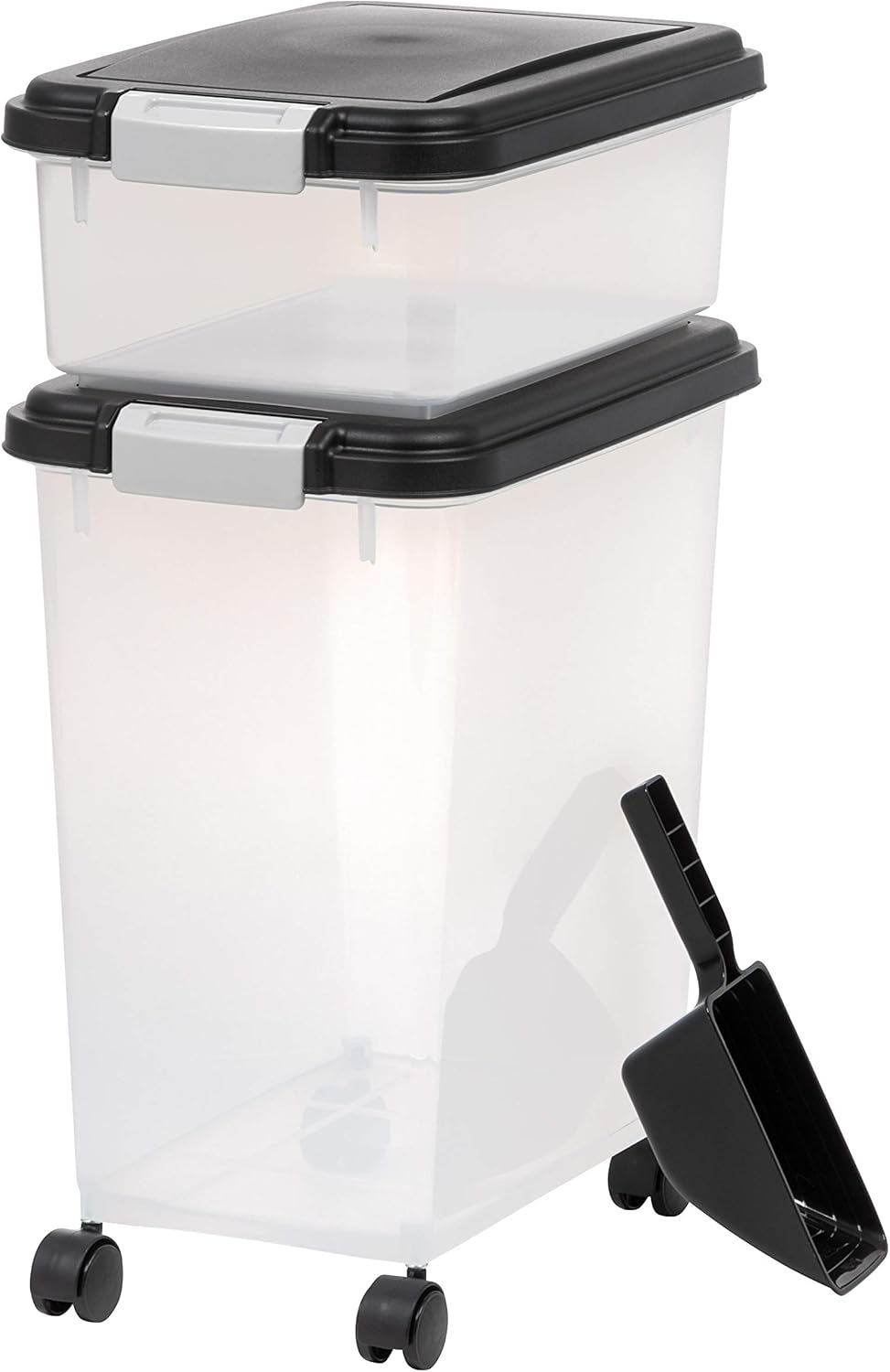 IRIS USA Dog Food Storage Container, 30 lbs  11 lbs Combo, Cat Food Storage Container, Dog Treat Container, Airtight, Stackable, 2-Cup Scoop, Wheels, Easy Mobility, Black · v2