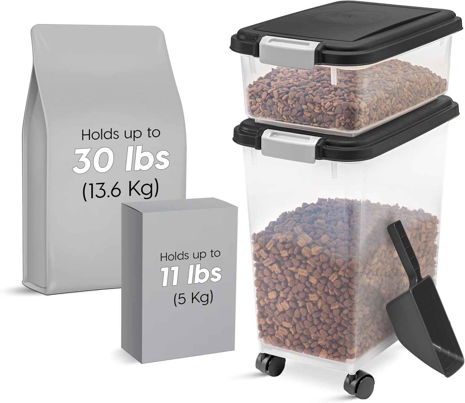 IRIS USA Dog Food Storage Container, 30 lbs  11 lbs Combo, Cat Food Storage Container, Dog Treat Container, Airtight, Stackable, 2-Cup Scoop, Wheels, Easy Mobility, Black · v2