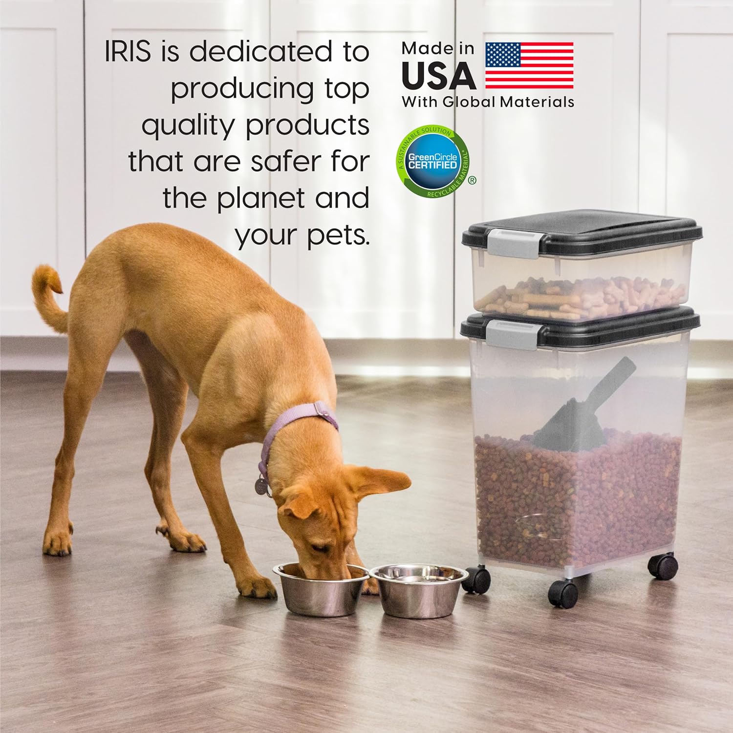 IRIS USA Dog Food Storage Container, 30 lbs  11 lbs Combo, Cat Food Storage Container, Dog Treat Container, Airtight, Stackable, 2-Cup Scoop, Wheels, Easy Mobility, Black · v2