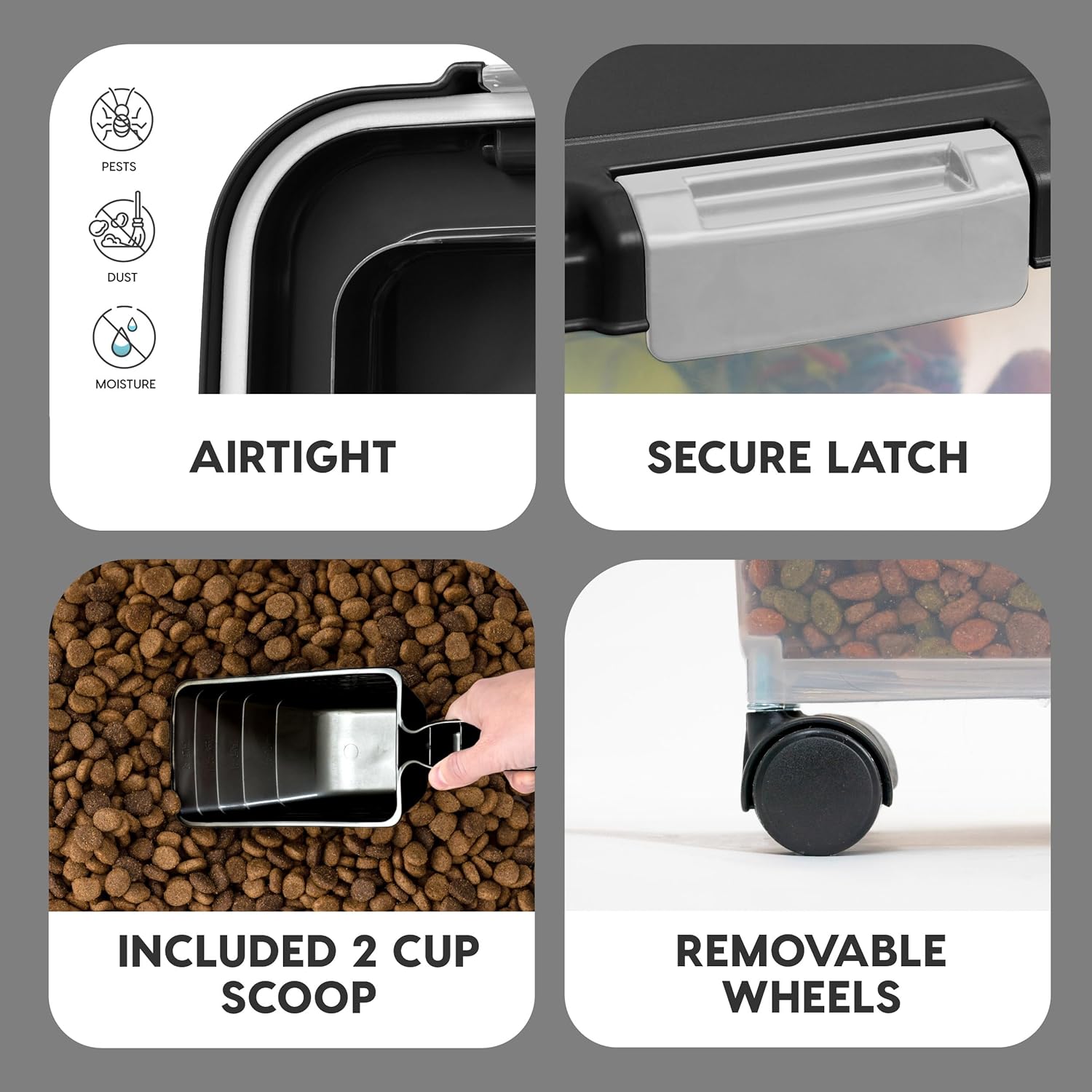 IRIS USA Dog Food Storage Container, 30 lbs  11 lbs Combo, Cat Food Storage Container, Dog Treat Container, Airtight, Stackable, 2-Cup Scoop, Wheels, Easy Mobility, Black · v2