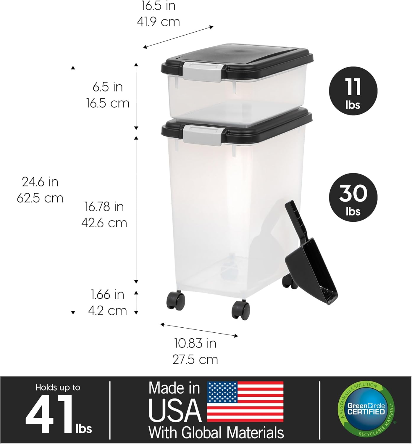 IRIS USA Dog Food Storage Container, 30 lbs  11 lbs Combo, Cat Food Storage Container, Dog Treat Container, Airtight, Stackable, 2-Cup Scoop, Wheels, Easy Mobility, Black · v2