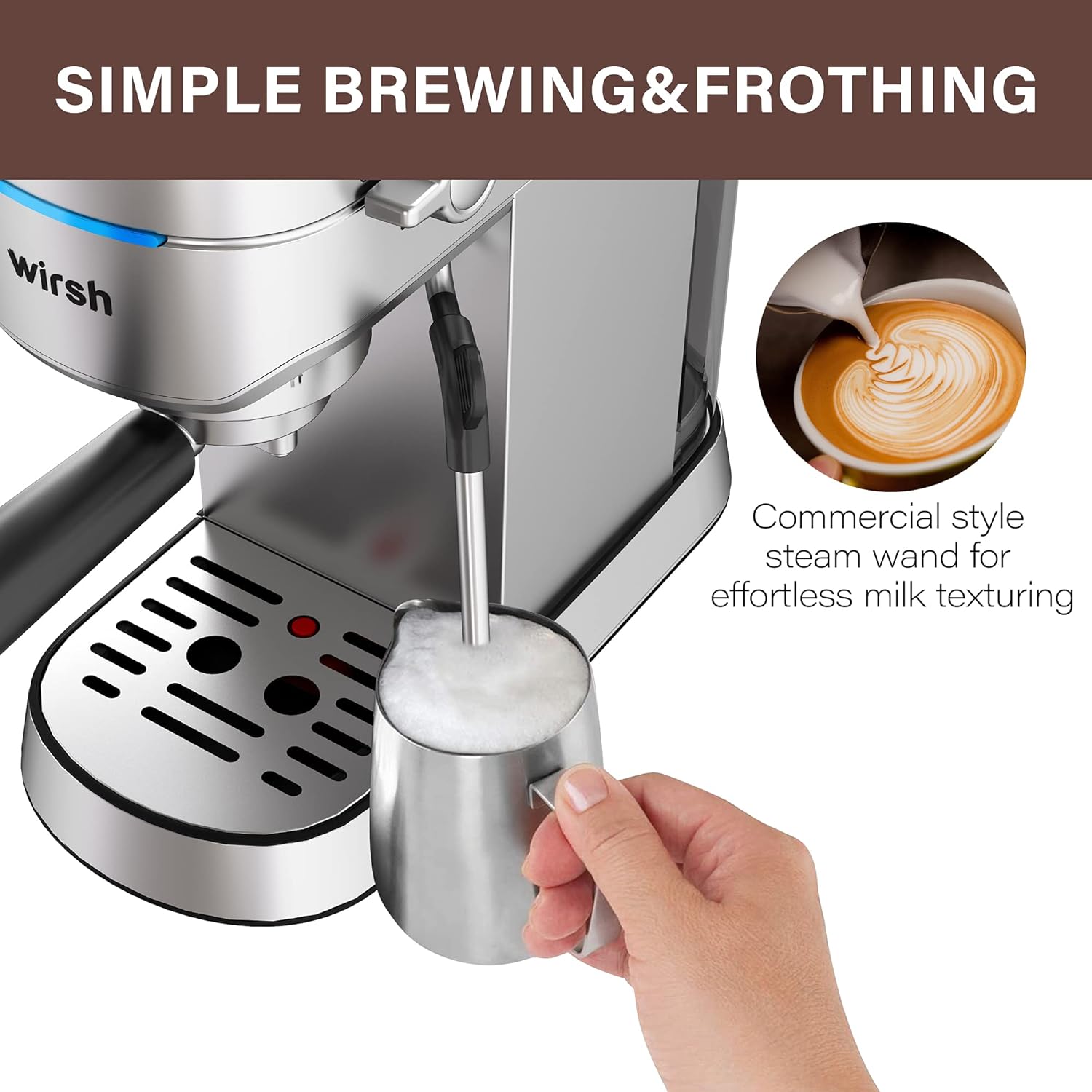 Máquina de café espresso wirsh, máquina de café espresso de 20 bares con vaporera comercial para café con leche y capuchino, cafetera exprés con depósito de agua extraíble de 42 onzas, acero inoxidable (barista doméstico)