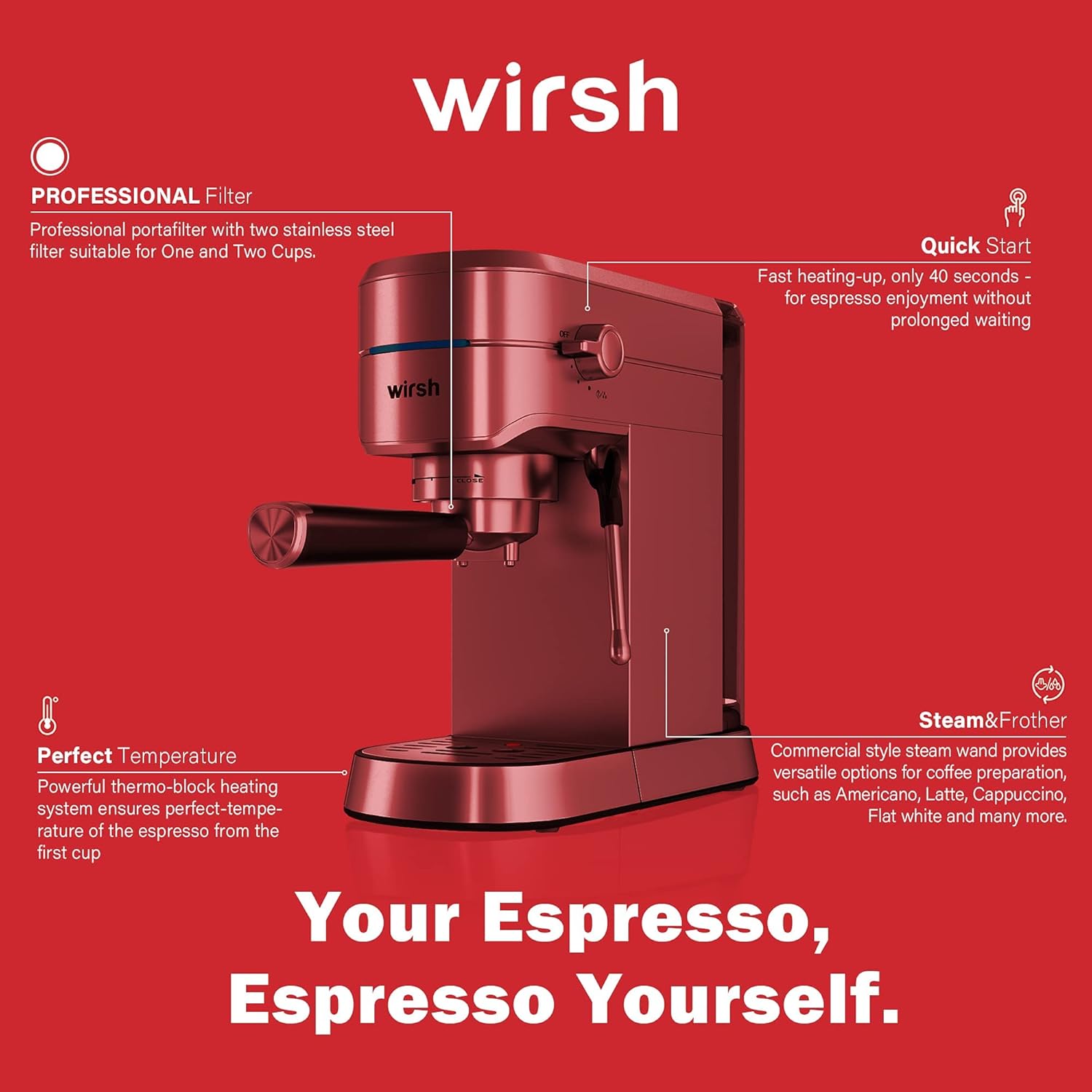 Máquina de café espresso wirsh, máquina de café espresso de 20 bares con vaporera comercial para café con leche y capuchino, cafetera exprés con depósito de agua extraíble de 42 onzas, acero inoxidable (barista doméstico)