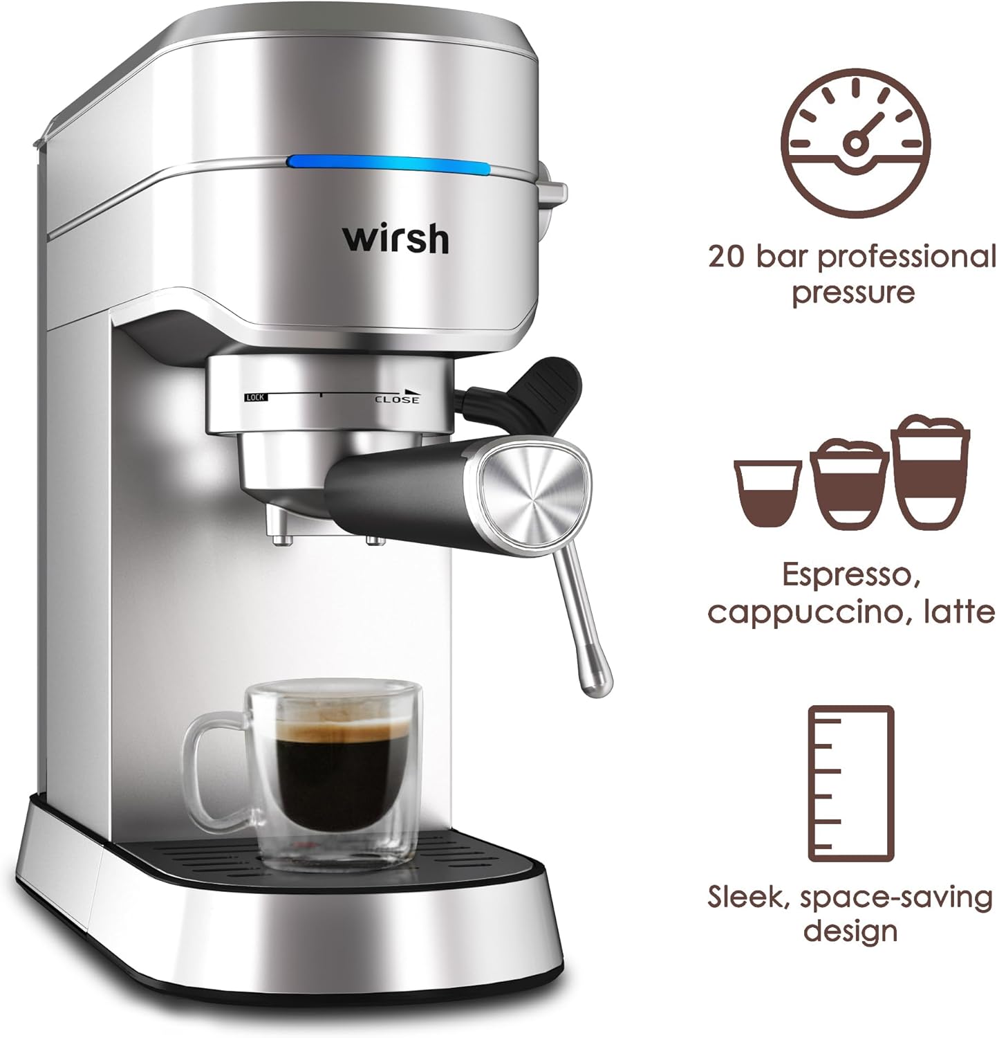 Máquina de café espresso wirsh, máquina de café espresso de 20 bares con vaporera comercial para café con leche y capuchino, cafetera exprés con depósito de agua extraíble de 42 onzas, acero inoxidable (barista doméstico)
