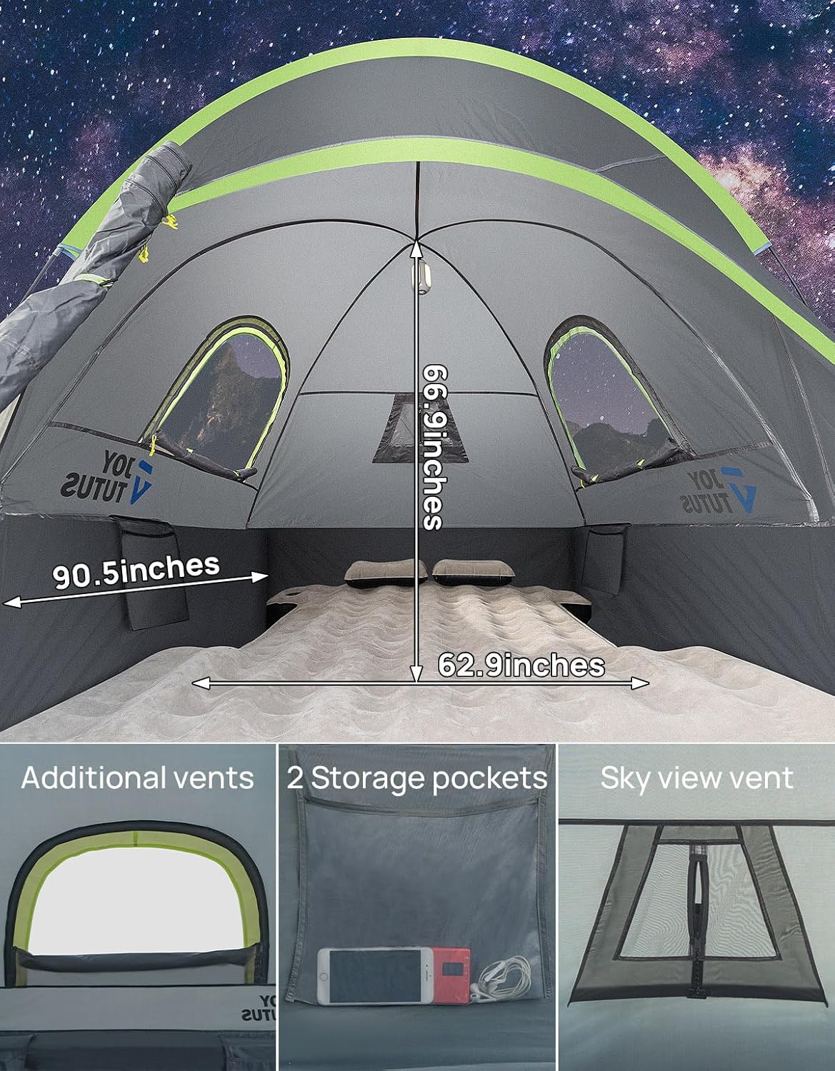 JoyTutus Pickup Truck Tent 2.0 เต็นท์กระบะบรรทุกแบบพกพา PU2000mm 2 ชั้น กันน้ำสำหรับ 2 คน เต็นท์ติดท้ายรถบรรทุกพร้อมผ้าคลุมกันฝน ขนาด 5.5-6 ฟุต เหมาะสำหรับการตั้งแคมป์ - สีเขียว
