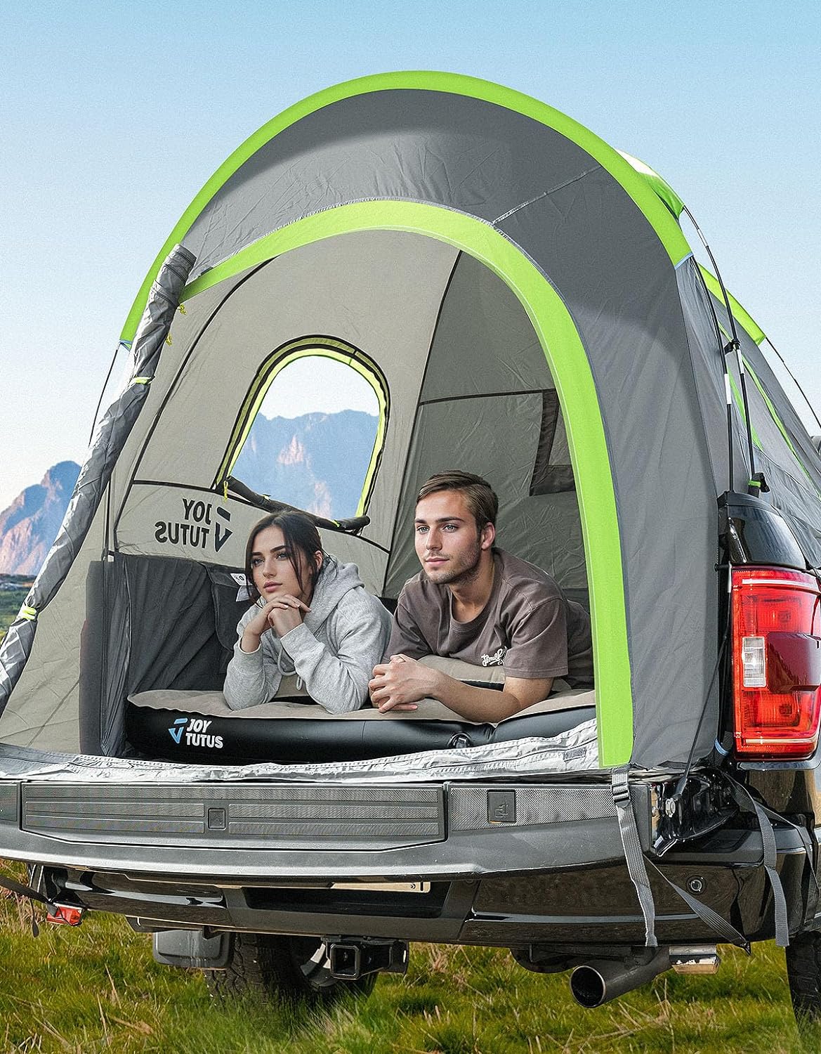 JoyTutus Pickup Truck Tent 2.0 เต็นท์กระบะบรรทุกแบบพกพา PU2000mm 2 ชั้น กันน้ำสำหรับ 2 คน เต็นท์ติดท้ายรถบรรทุกพร้อมผ้าคลุมกันฝน ขนาด 5.5-6 ฟุต เหมาะสำหรับการตั้งแคมป์ - สีเขียว