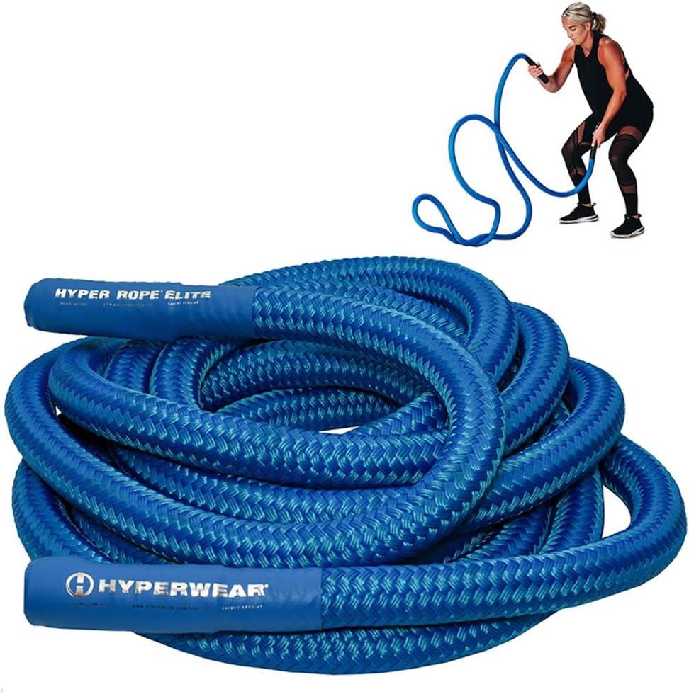HYPERWEAR Hyper Rope Weighted Short Battle Rope (15 libbre o 19 libbre, 1,5 pollici x 20 piedi/25 piedi) — Ancoraggio opzionale, allenamenti per tutto il corpo in 1,8 m di spazio (blu o nero)