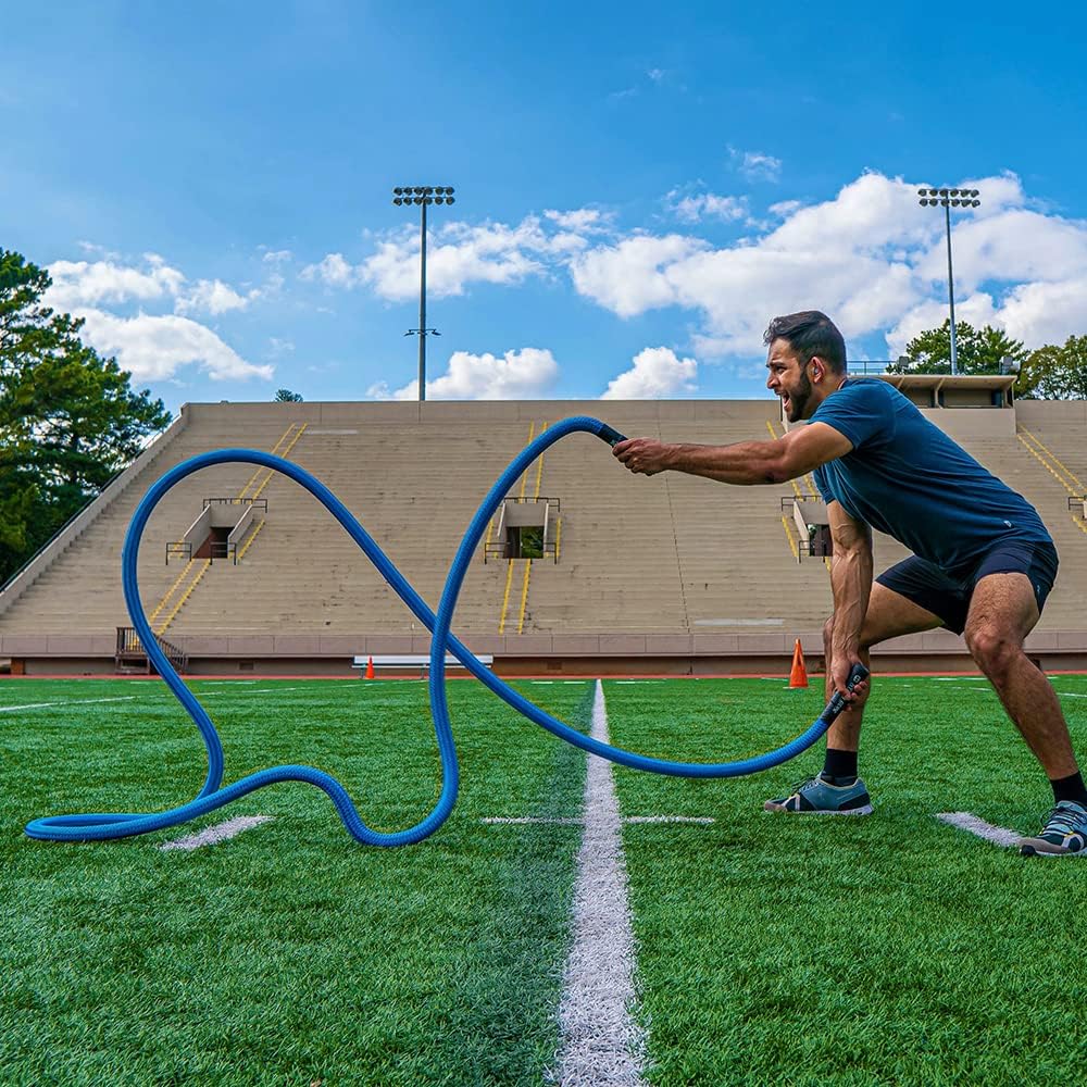 HYPERWEAR Hyper Rope Weighted Short Battle Rope (15 libbre o 19 libbre, 1,5 pollici x 20 piedi/25 piedi) — Ancoraggio opzionale, allenamenti per tutto il corpo in 1,8 m di spazio (blu o nero)