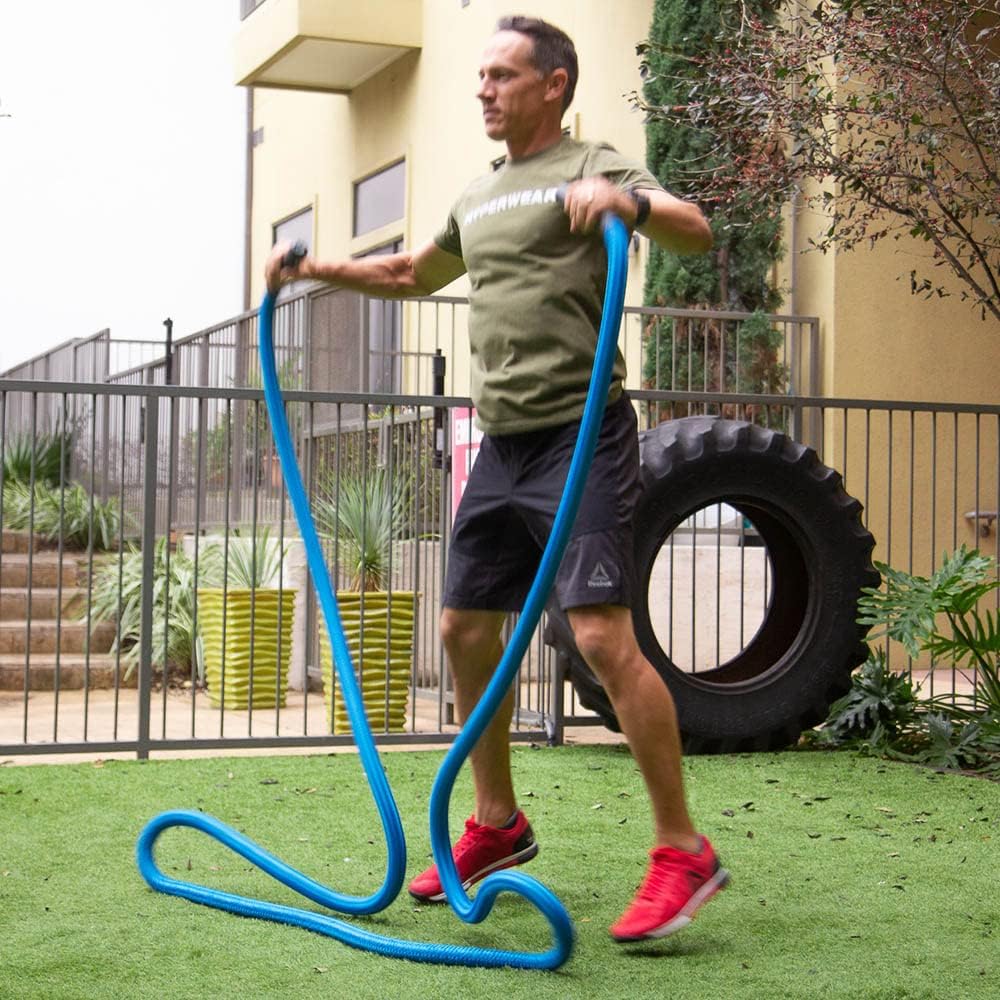 HYPERWEAR Hyper Rope Weighted Short Battle Rope (15 libbre o 19 libbre, 1,5 pollici x 20 piedi/25 piedi) — Ancoraggio opzionale, allenamenti per tutto il corpo in 1,8 m di spazio (blu o nero)