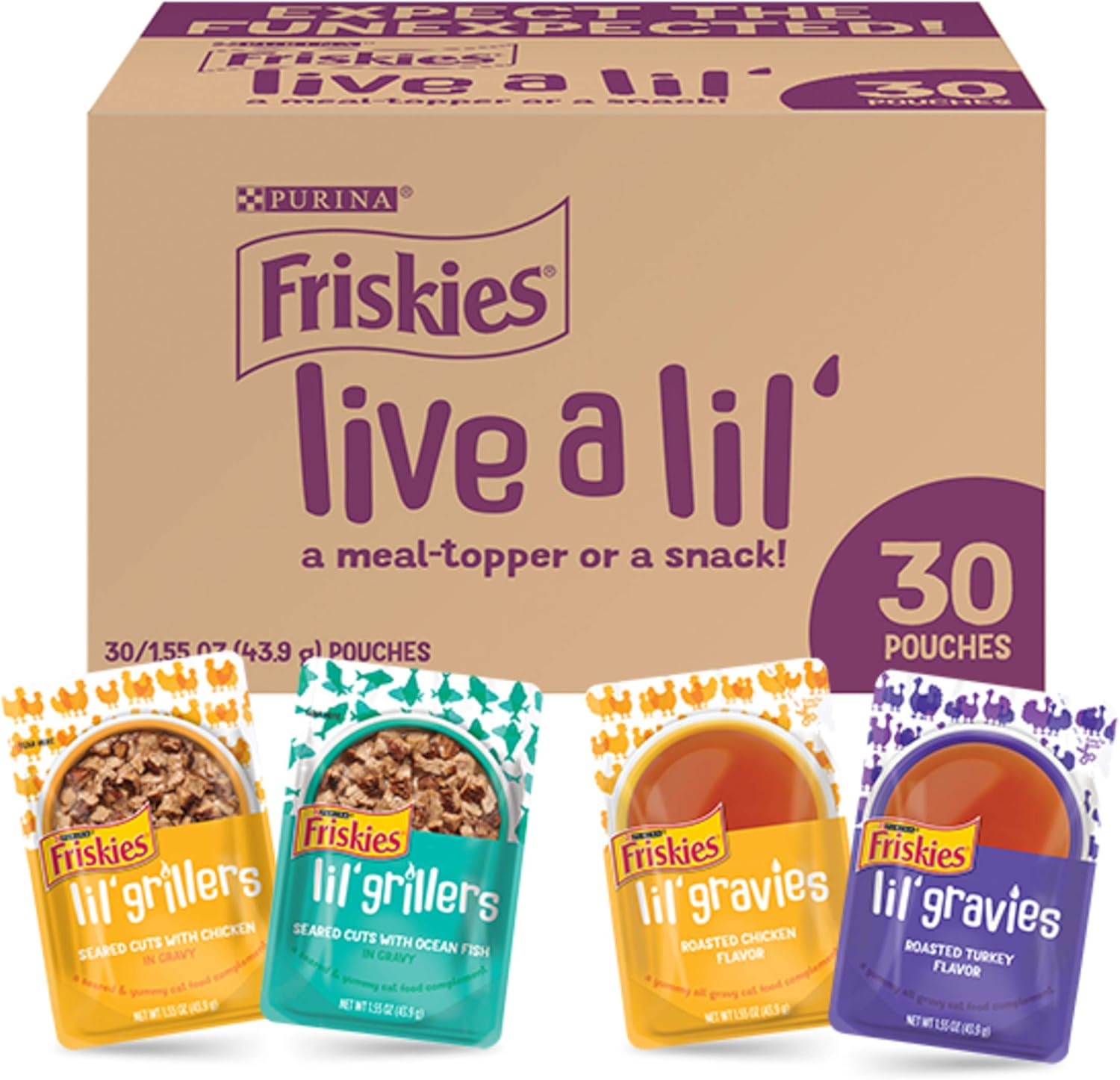 Purina Friskies Gravy Wet Cat Food Complement Variety Pack, Lil Gravies and Lil' Grillers - (Pack of 30) 1.55 oz. Pouches