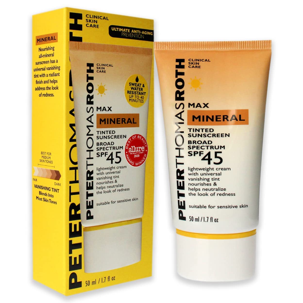 Peter Thomas Roth | Max Mineral Tinted Sunscreen Broad Spectrum SPF 45 | Tinted Moisturizer with SPF, Water-Resistant Mineral Sunscreen For Sensitive Skin, 1.7 Fl Oz. (Pack of 1)
