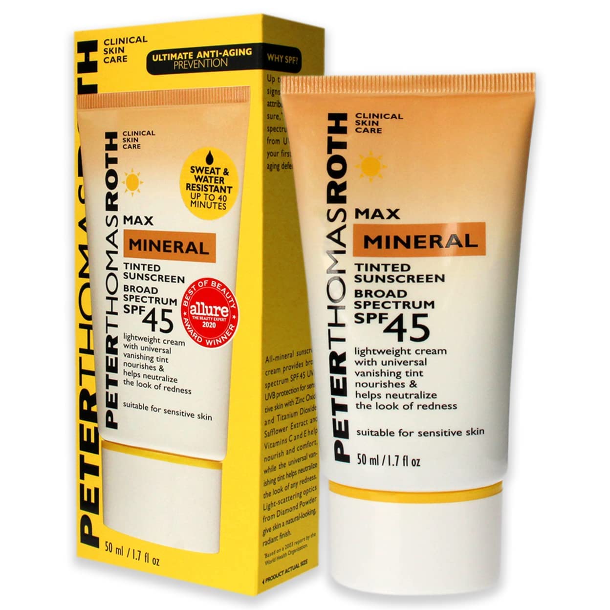 Peter Thomas Roth | Max Mineral Tinted Sunscreen Broad Spectrum SPF 45 | Tinted Moisturizer with SPF, Water-Resistant Mineral Sunscreen For Sensitive Skin, 1.7 Fl Oz. (Pack of 1)