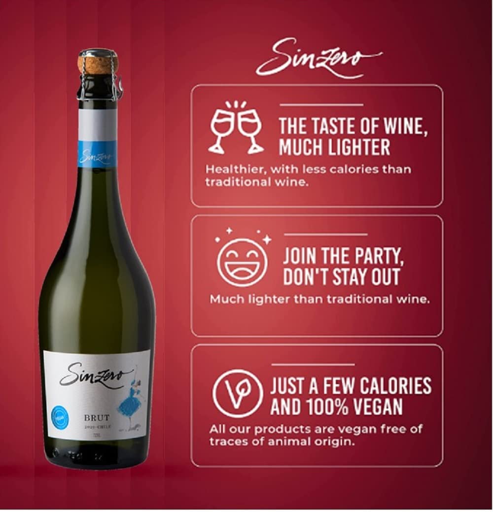 SINZERO Sparkling Brut - Non-Alcoholic Dry Champagne Alternative - Low Calories, Balanced Acidity, 25.4 FlOz - 6 Pack