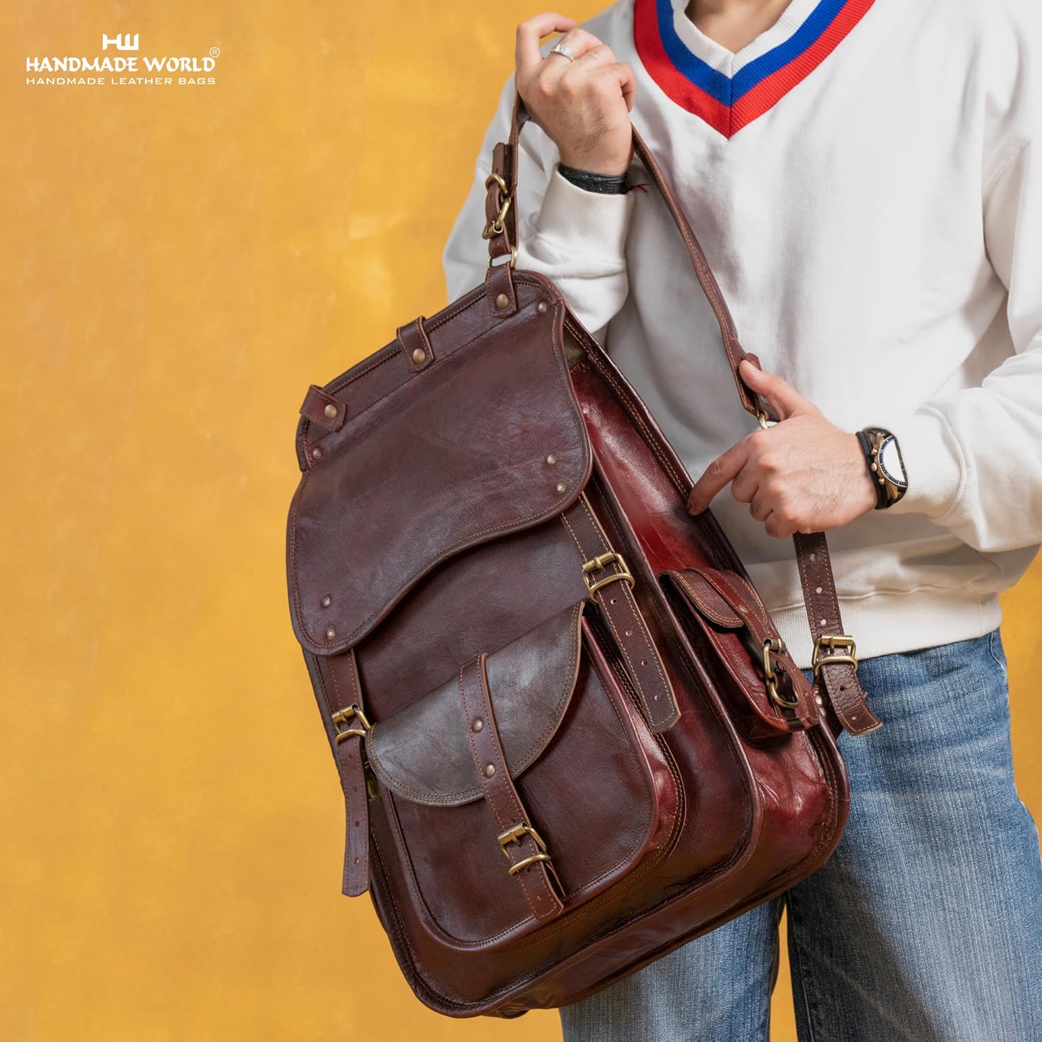 Handmade World Vintage Full Grain 21 Inch Leather Laptop LARGE Backpack Casual Bookbag Daypack Camping Travel Rucksack Knapsack · v3