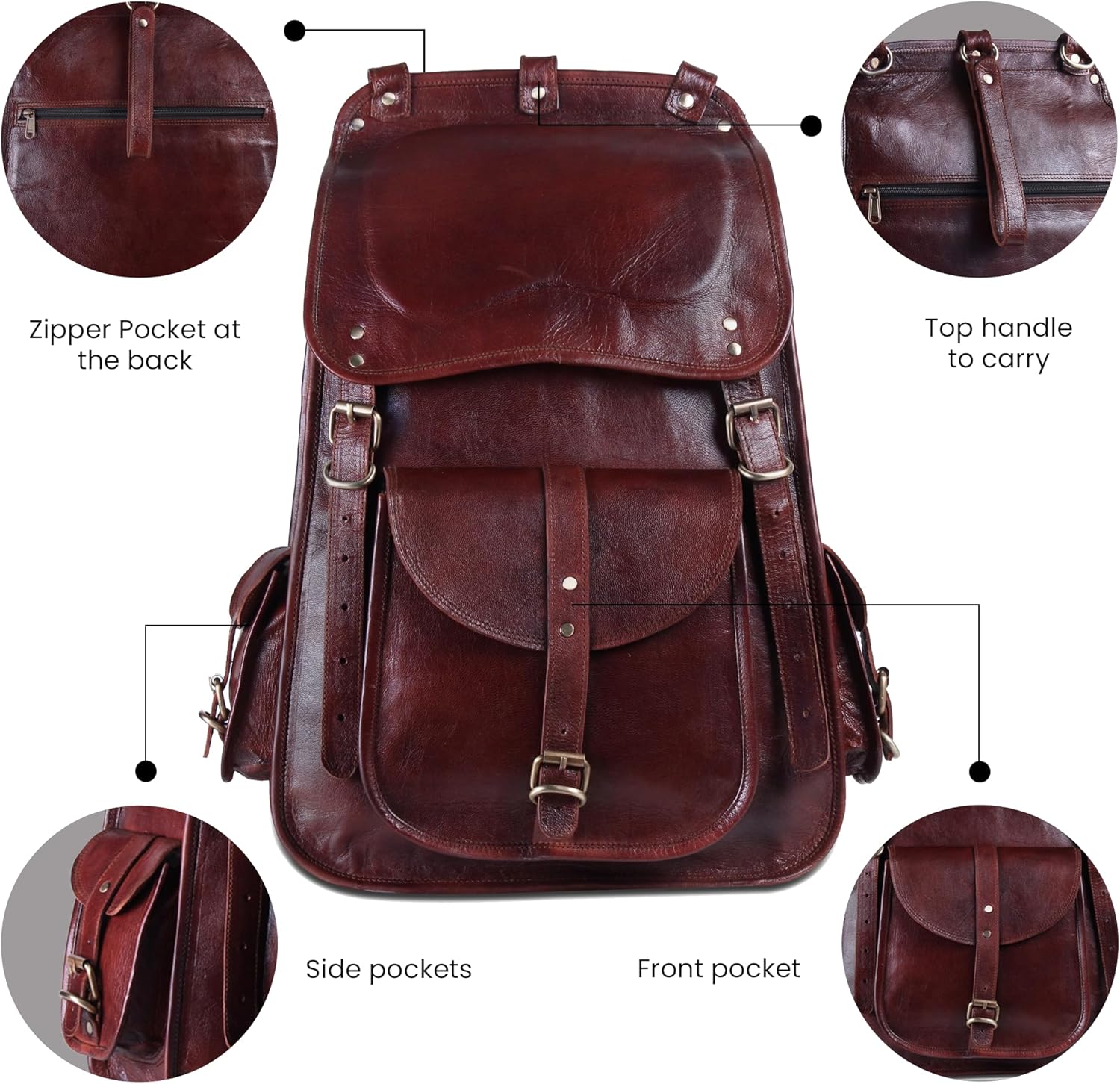 Handmade World Vintage Full Grain 21 Inch Leather Laptop LARGE Backpack Casual Bookbag Daypack Camping Travel Rucksack Knapsack · v3