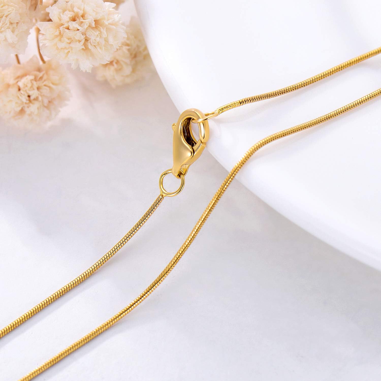 สร้อยคอโซ่รูปงูกลมทองคำ 18k สีเหลือง ขนาด 0.7 มม., 1 มม., 1.5 มม., 2.8 มม. สร้อยคอโซ่รูปก้างปลาสำหรับผู้หญิง สร้อยคอโซ่รูปงูกลมทองคำ สร้อยคอโซ่ทองคำ 18k แท้ แข็งแรง ทนทาน ความยาว 14-30 นิ้ว