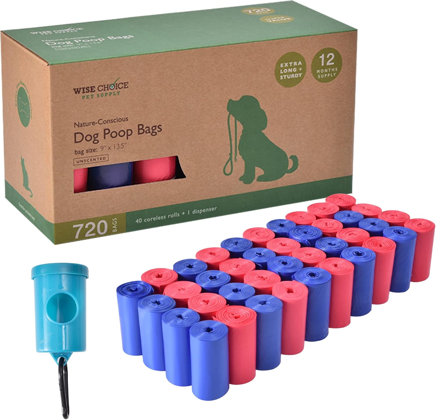 Dog Poop Bags with Dispenser and Leash Clip, Extra-Large, Extra Thick 100% Leak-Proof Pet Waste Bags, Earth Friendly, Unscented, Blue Pink, 720 Count, 13.5x9 in
