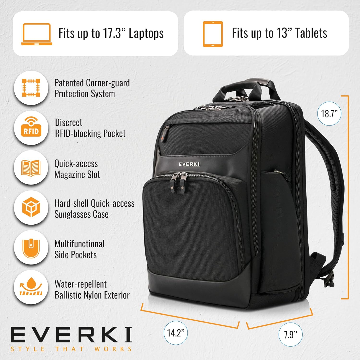 Everki Onyx Premium Business Executive Laptop-Rucksack — Ballistischer Bürorucksack aus Nylon und Leder, Laptoptasche, reisefreundlich — spezielles Fach bis zu 17,3, Fassungsvermögen 36 l (EKP132S17), Schwarz