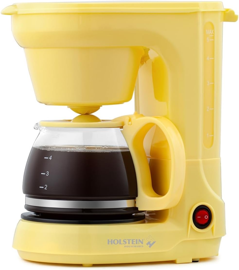 Holstein Housewares - 5컵 드립 커피 메이커 - 영구 필터, 붕규산 유리 카라페, 수위 표시기, 자동 일시 정지/제공 및 보온 기능이 있는 편리하고 사용하기 쉬운 제품, 노란색