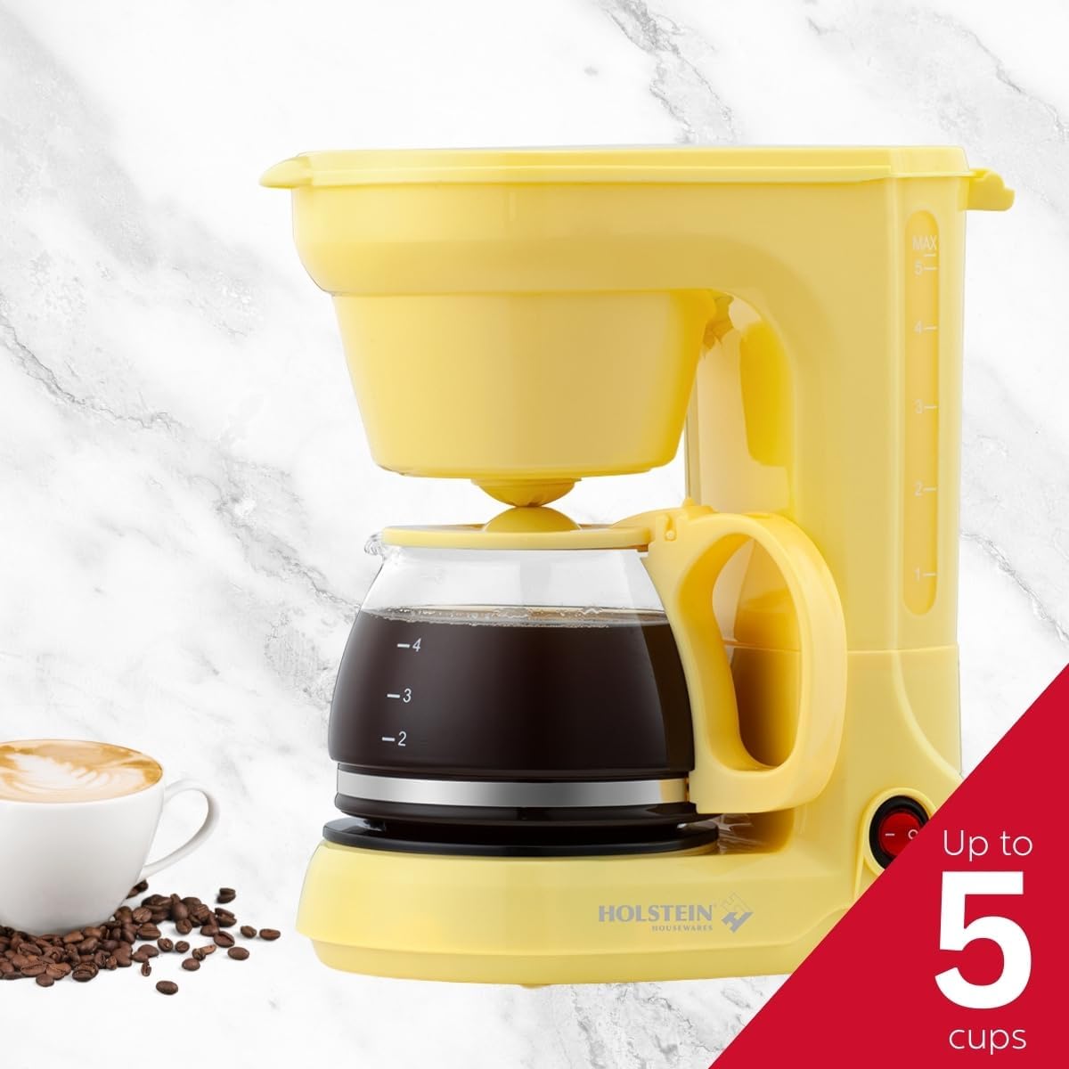 Holstein Housewares - 5컵 드립 커피 메이커 - 영구 필터, 붕규산 유리 카라페, 수위 표시기, 자동 일시 정지/제공 및 보온 기능이 있는 편리하고 사용하기 쉬운 제품, 노란색
